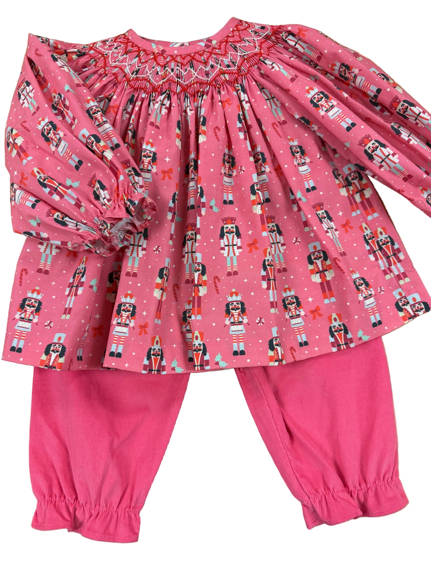 Pink nutcracker smocked bishop top and pant set