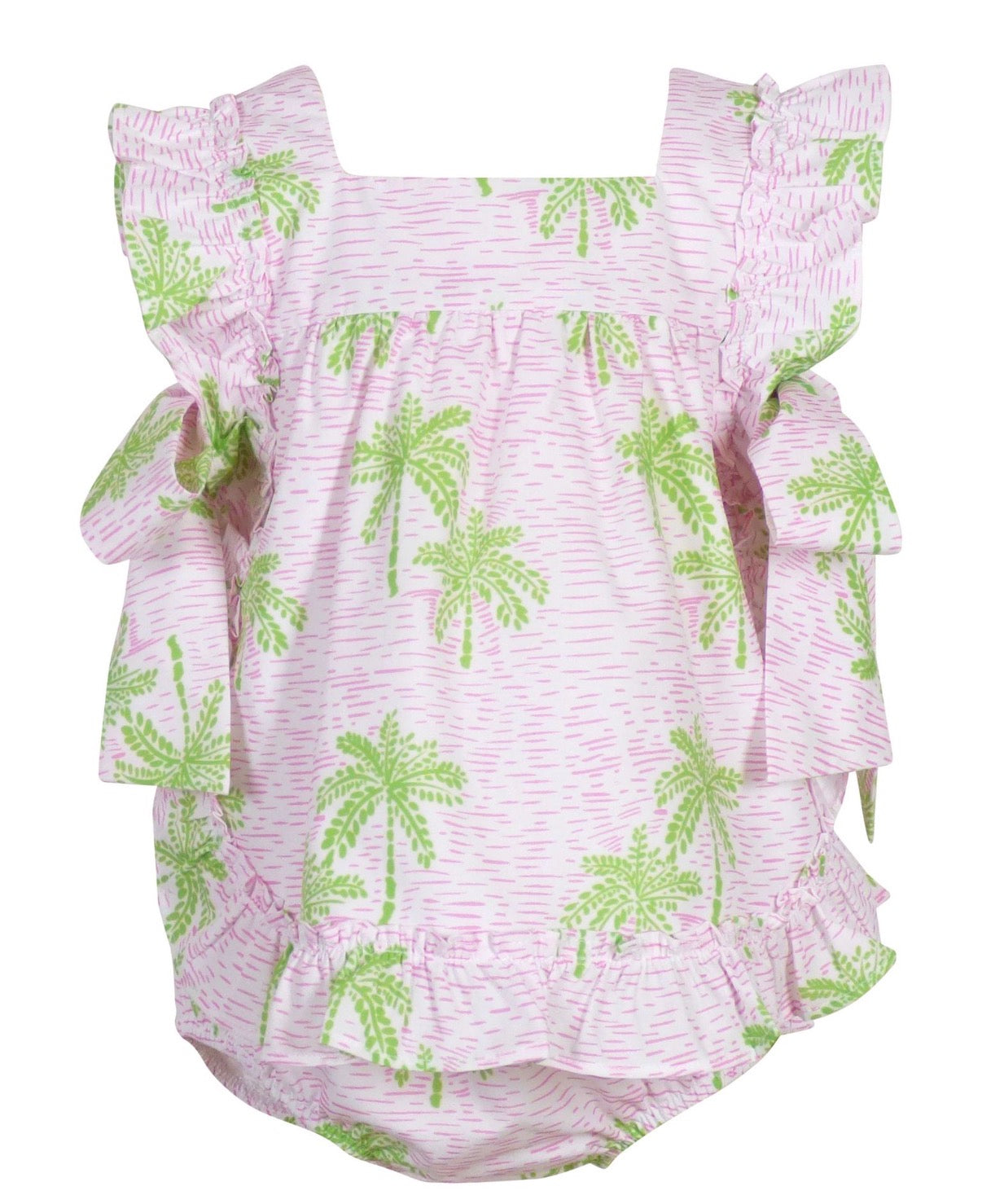 Pink baby romper with green palm tree pattern on a white background
