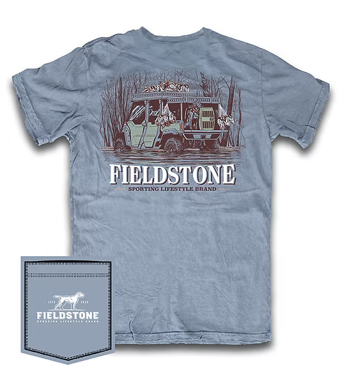Blue short sleeve tshirt with Fieldstone and an ATV design on the back.