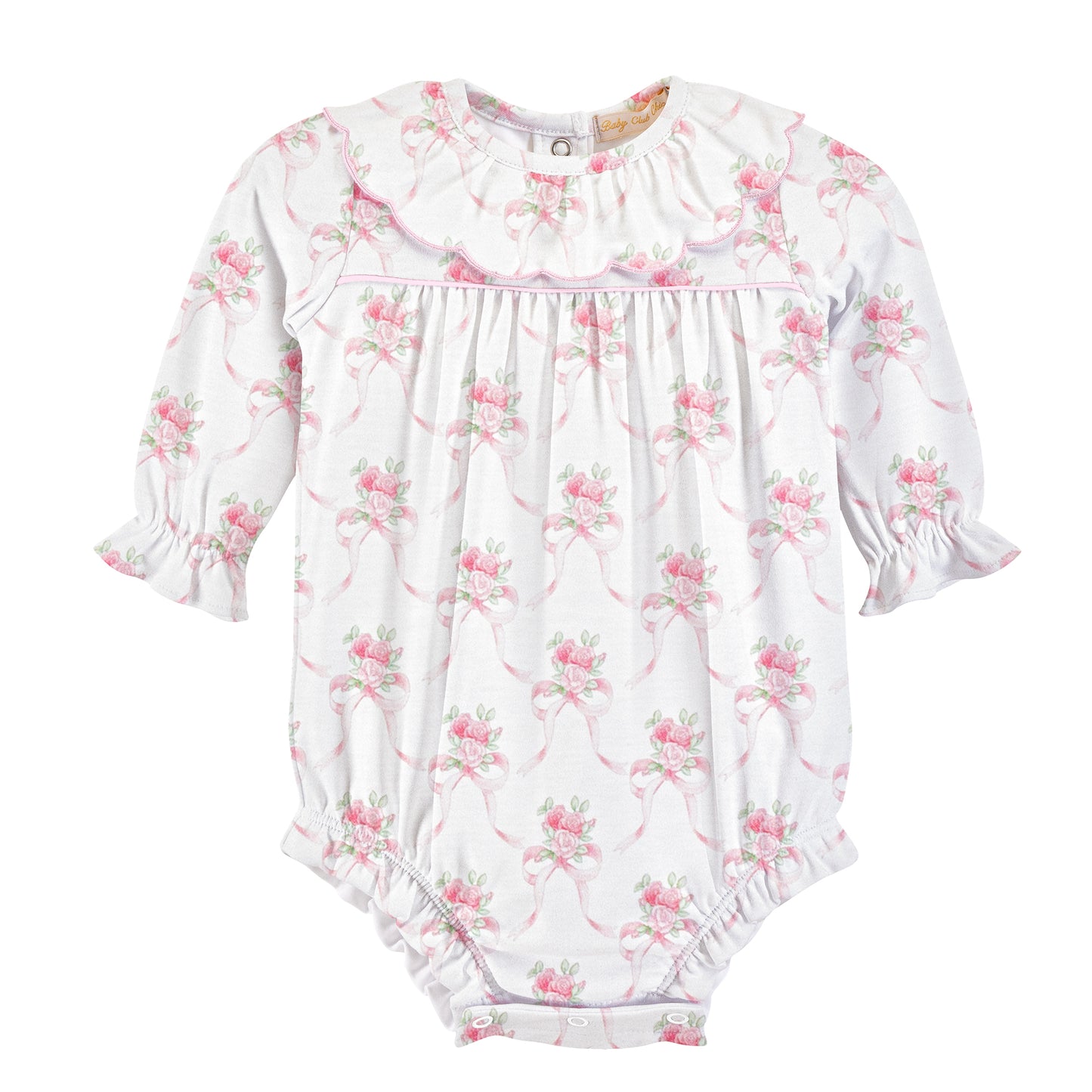 A white long-sleeve baby romper with a pink and green floral print, featuring a ruffled collar, smocked chest, and ruffled cuffs and leg openings.