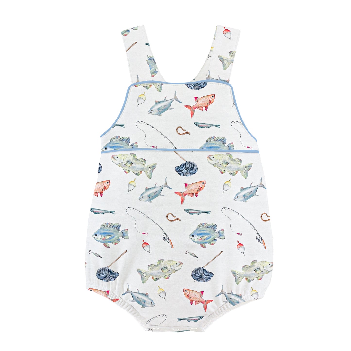 Baby bubble with fish and fishing rod pattern on a white background