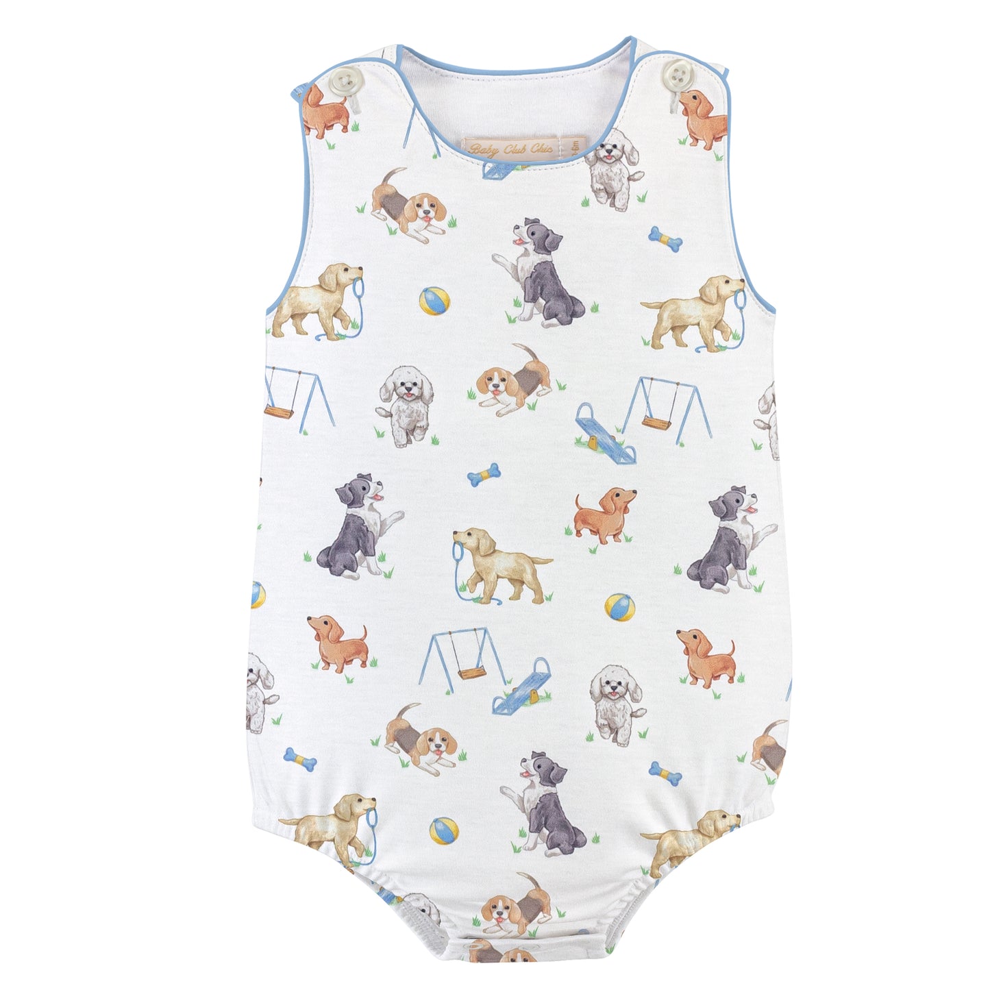 Baby romper with dog park pattern on a white background
