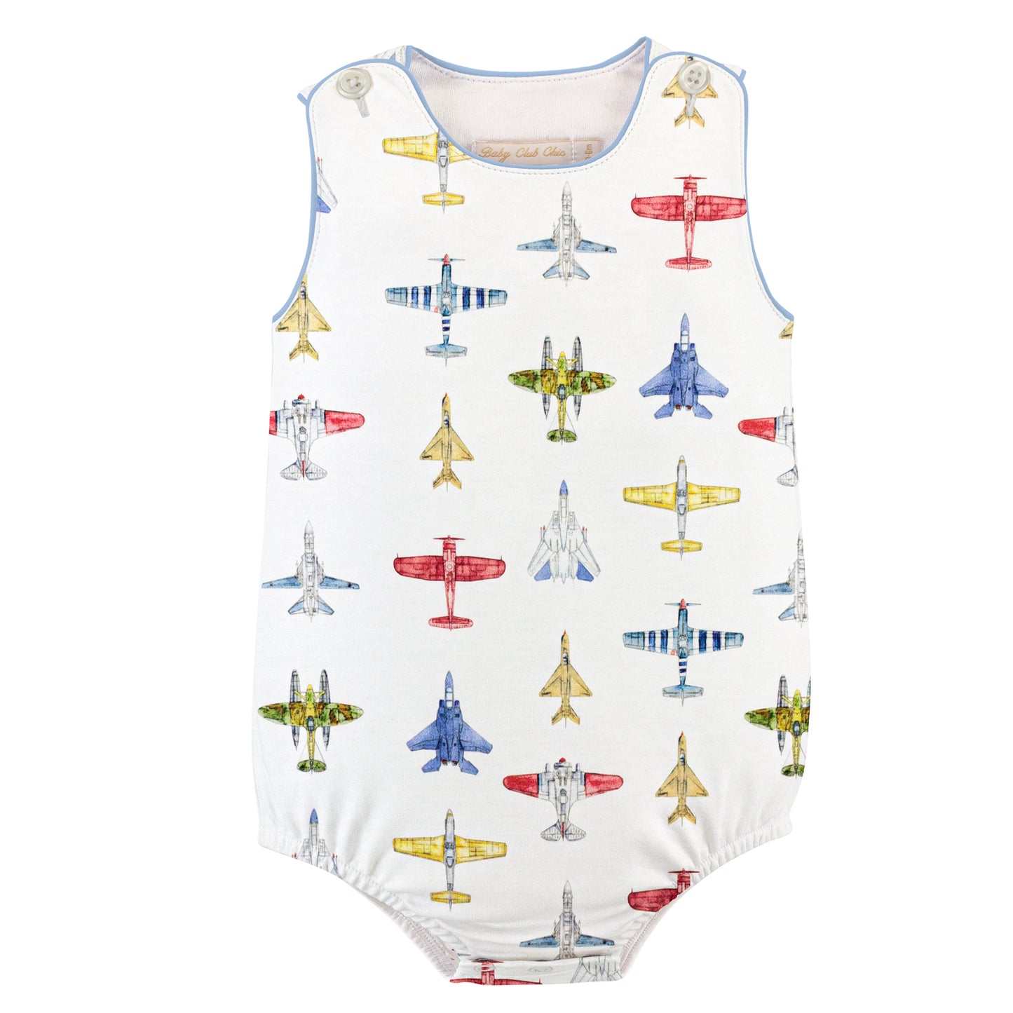 Sleeveless white bubble with colorful airplane pattern and blue piping.