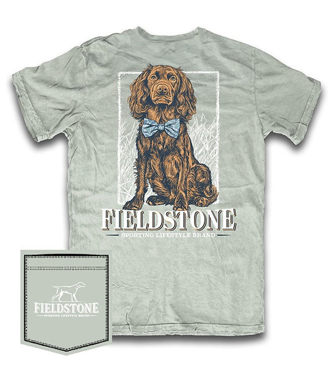 Light green short sleeve t shirt with a dog wearing a bowtie and the fieldstone logo.