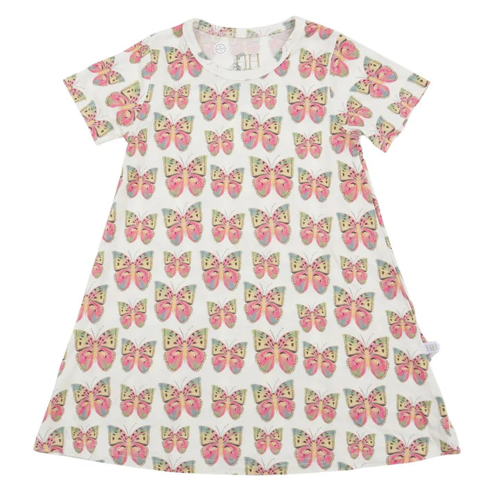 Short sleeve bamboo dress with pink butterfly design.