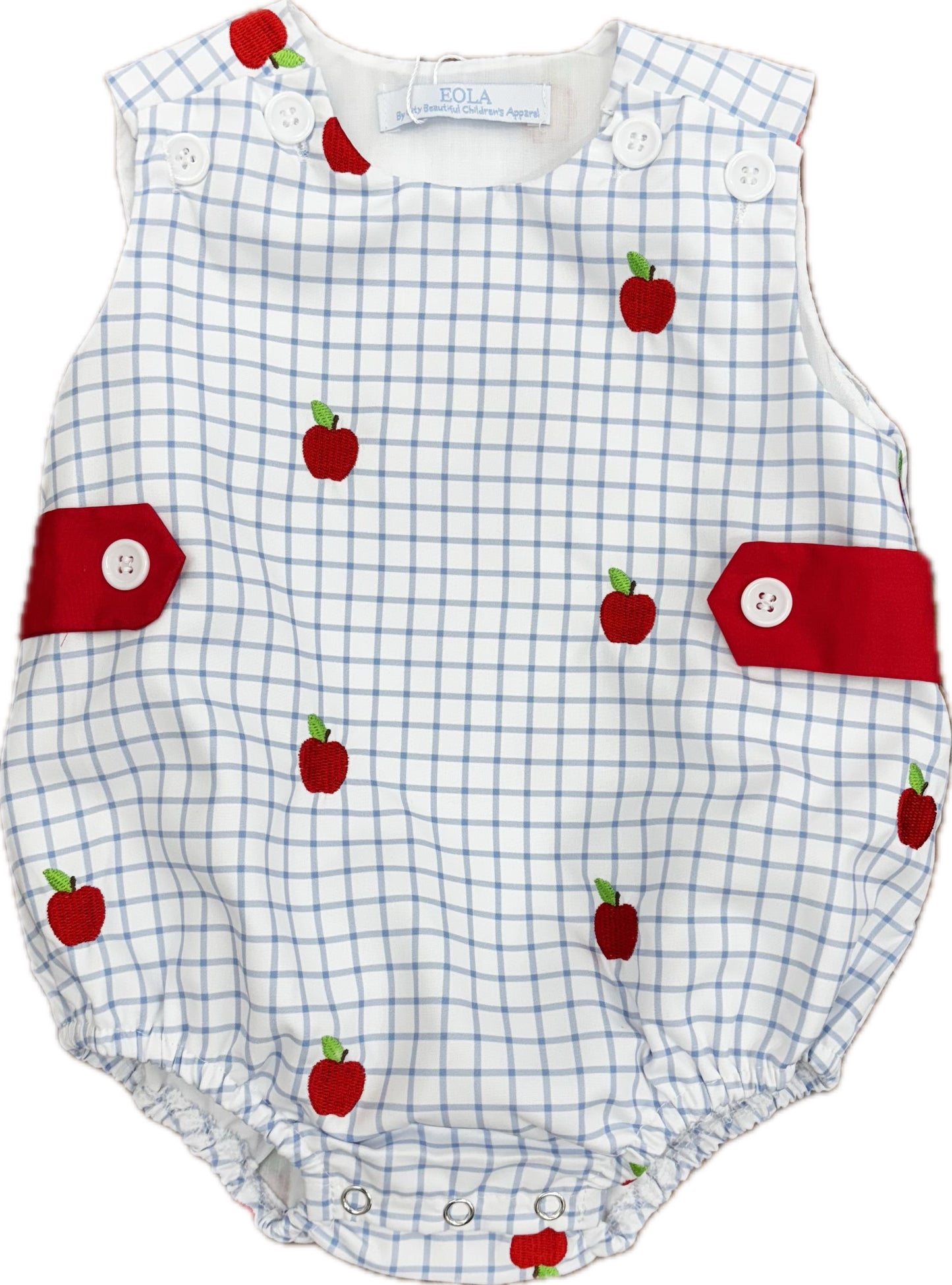 Light blue and white checked bubble with red side tabs and an embroidered red apple pattern.