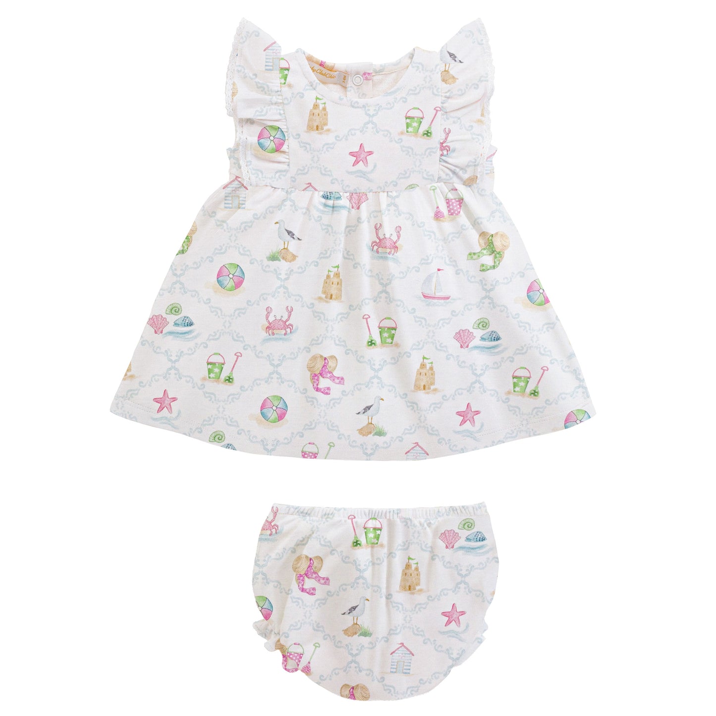 Dress and bloomer set with beach themed pattern on a white background.