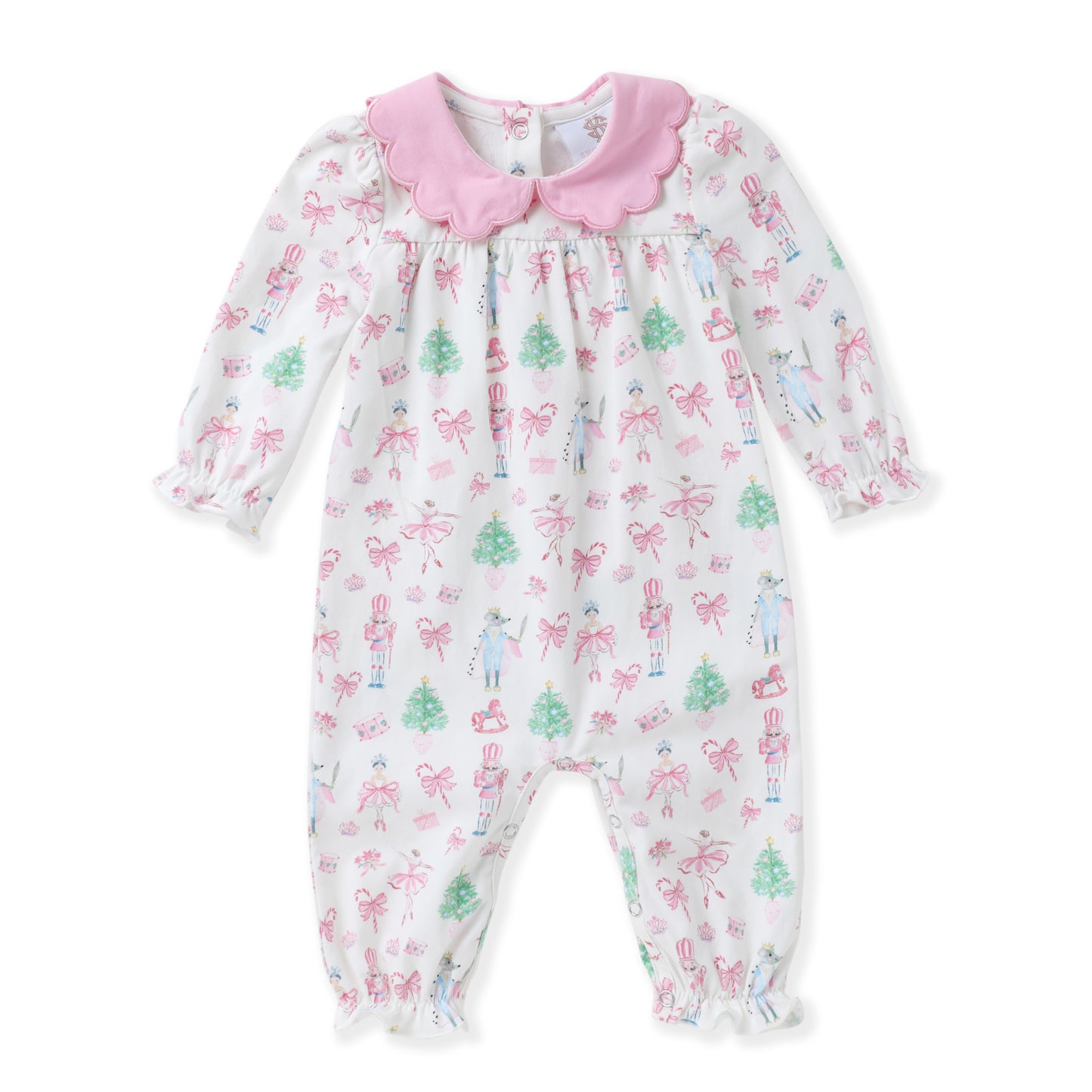 A baby girl's long-sleeve footless romper in white, decorated with a pink bow and green Christmas tree pattern, featuring a pink ruffled collar and bow.
