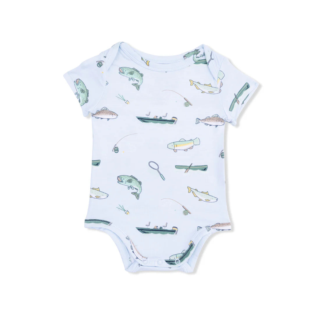 Short sleeve bodysuit with fishing pattern.