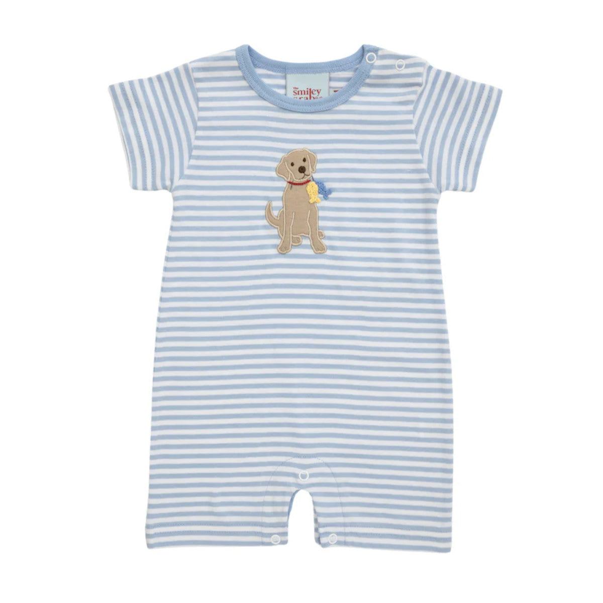 Blue striped short sleeve romper with an applique of a dog holding two fish.
