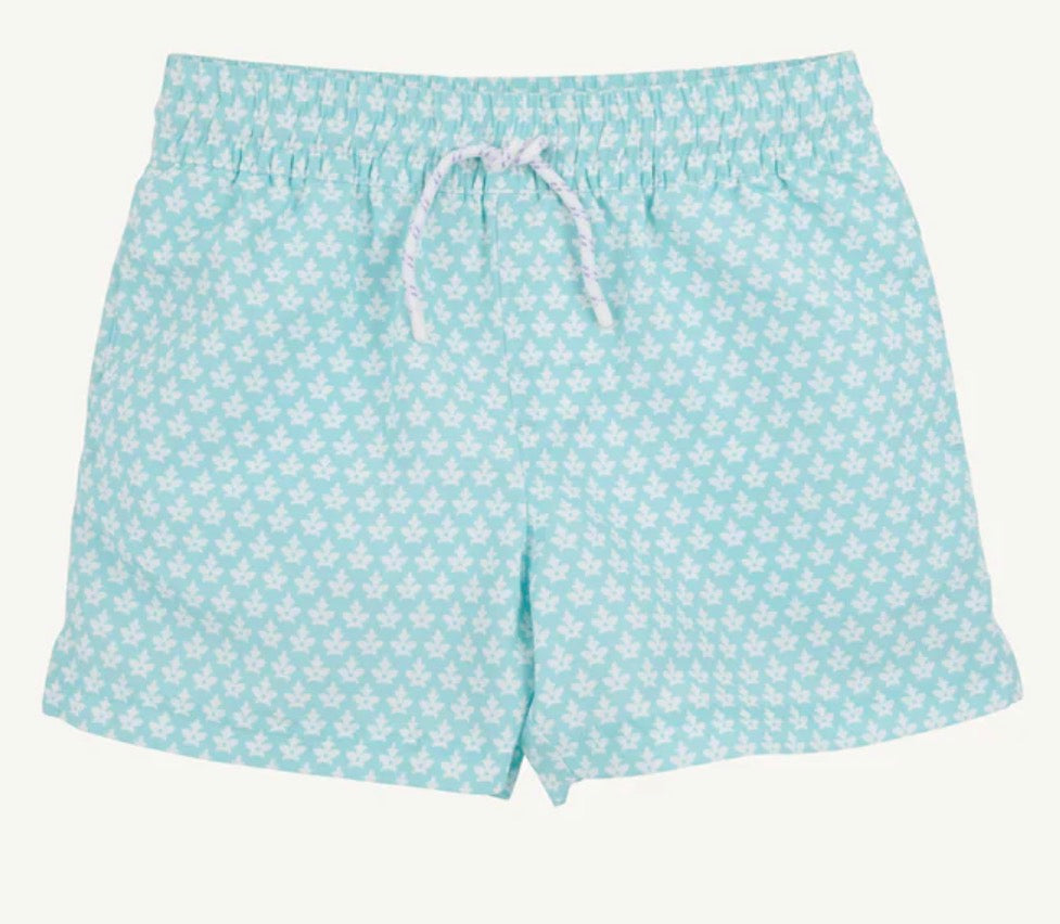 Light blue swim shorts with a subtle pattern on a white background