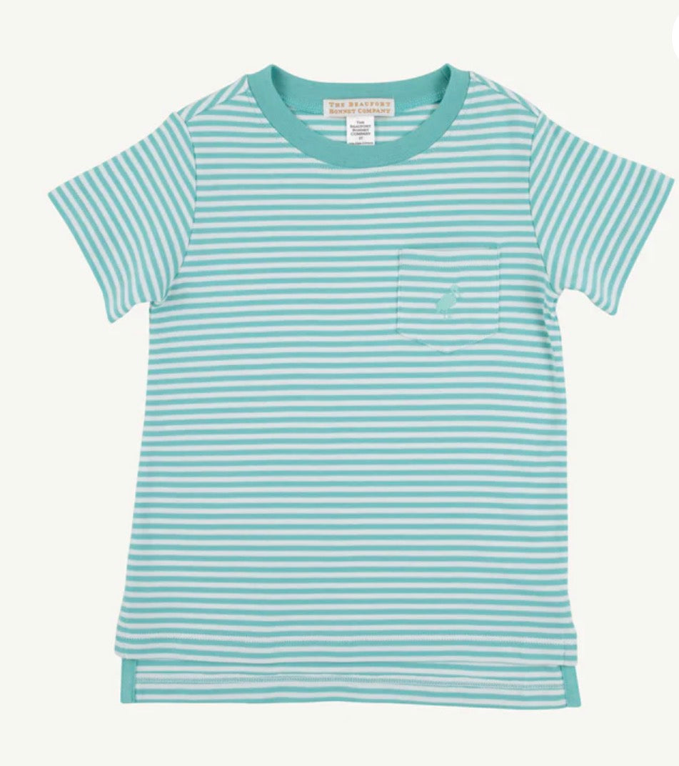 Teal and white striped t-shirt on a white background