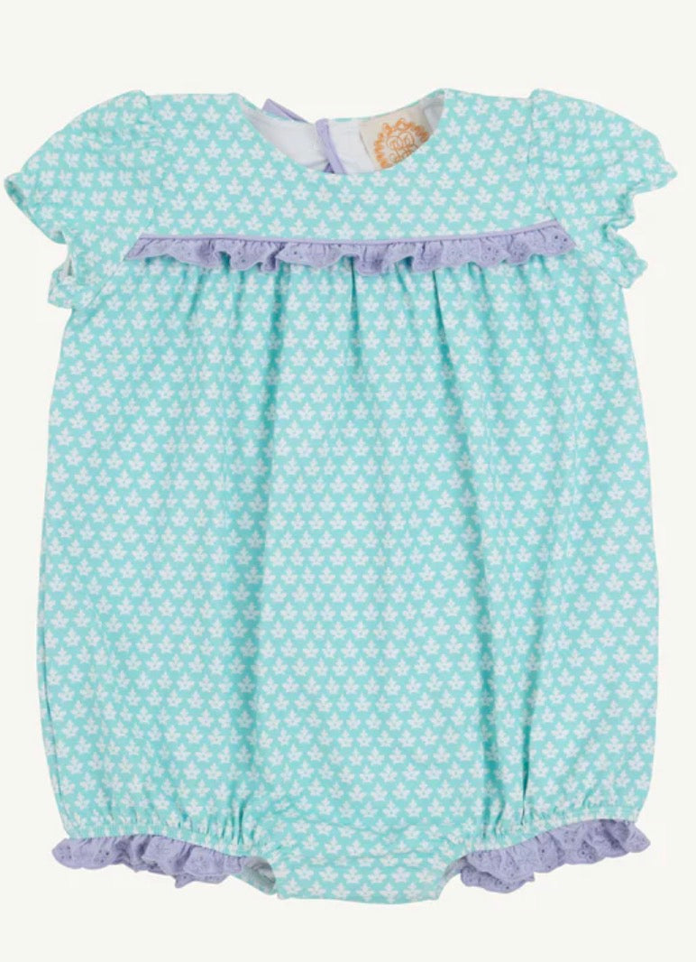 Teal and white pattern swimsuit with purple trim