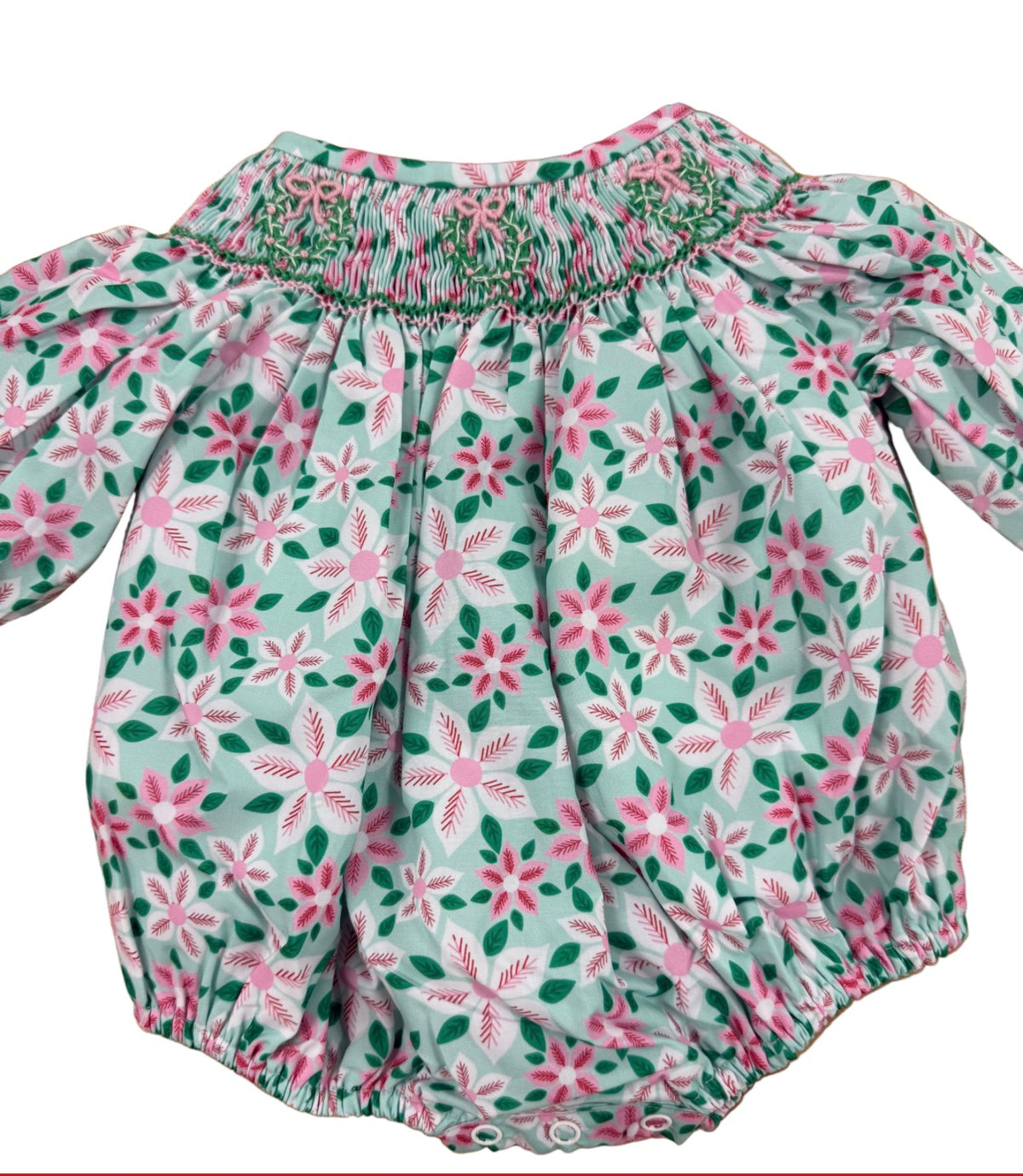 Pink and green smocked bubble with Christmas wreath design