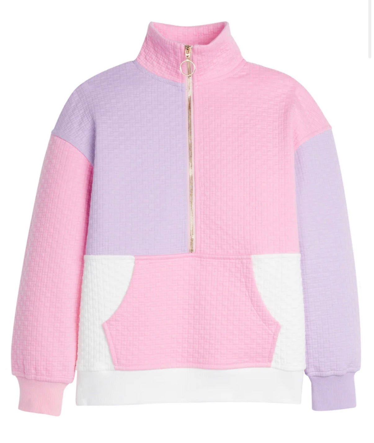 A pastel color-blocked quarter-zip sweatshirt with a waffle-knit texture, featuring pink and lavender panels with a white lower panel and pocket, set against a plain white background.