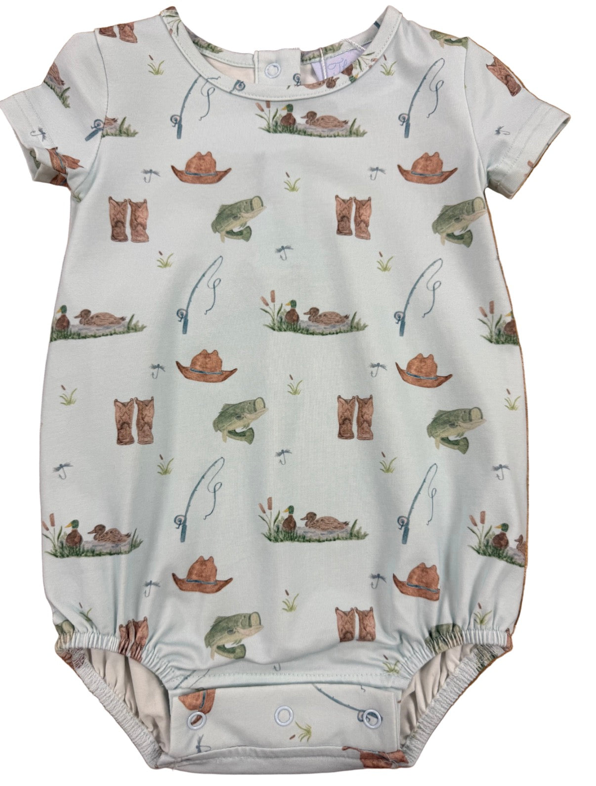 Green bubble with ducks, fishing poles and cowboy hats