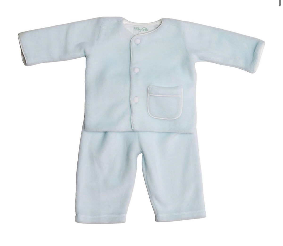 A light blue fleece baby romper set with a long-sleeve button-up top and matching pants, featuring a chest pocket, shown on a plain white background.