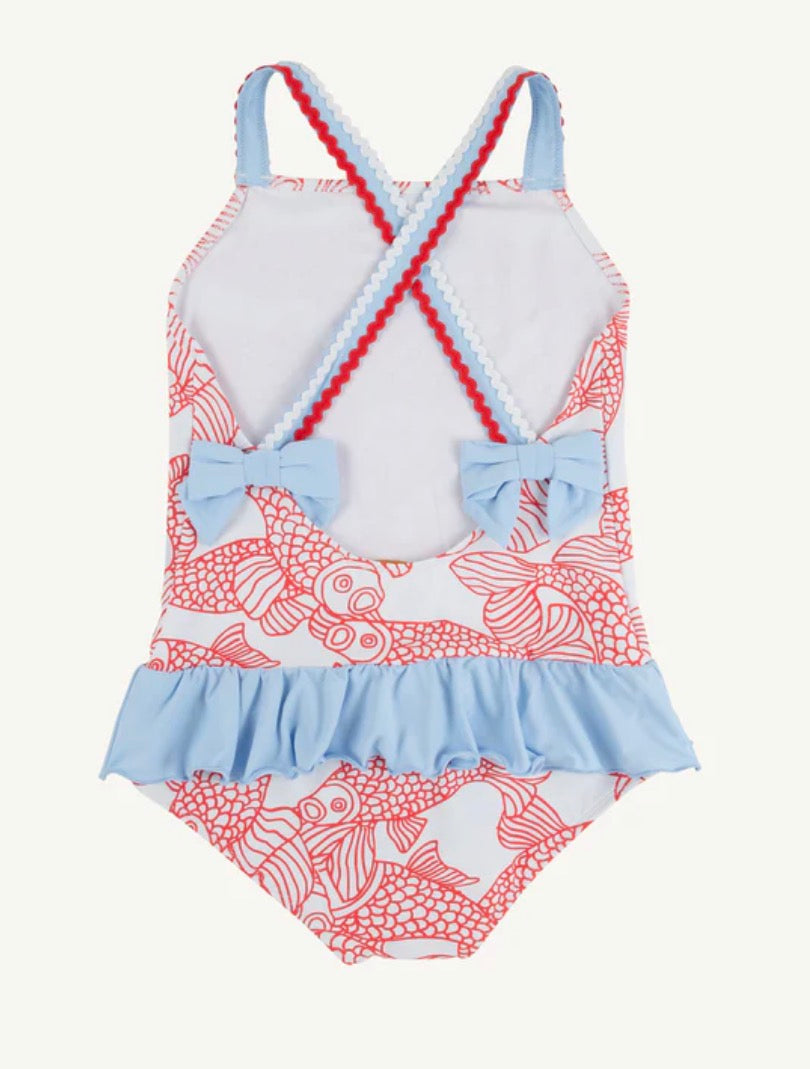 Children's swimsuit with red and blue fish pattern on a white background