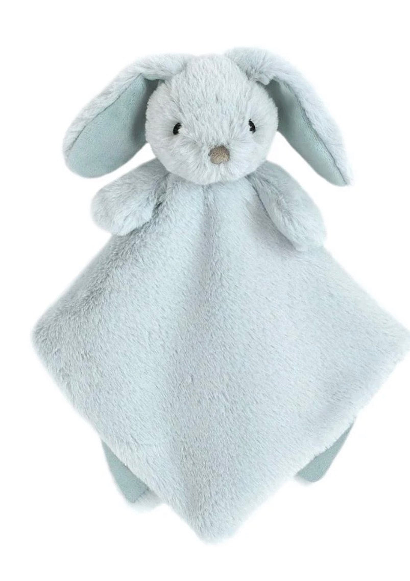 A light blue plush bunny security blanket with a soft square comforter, photographed against a solid white background.