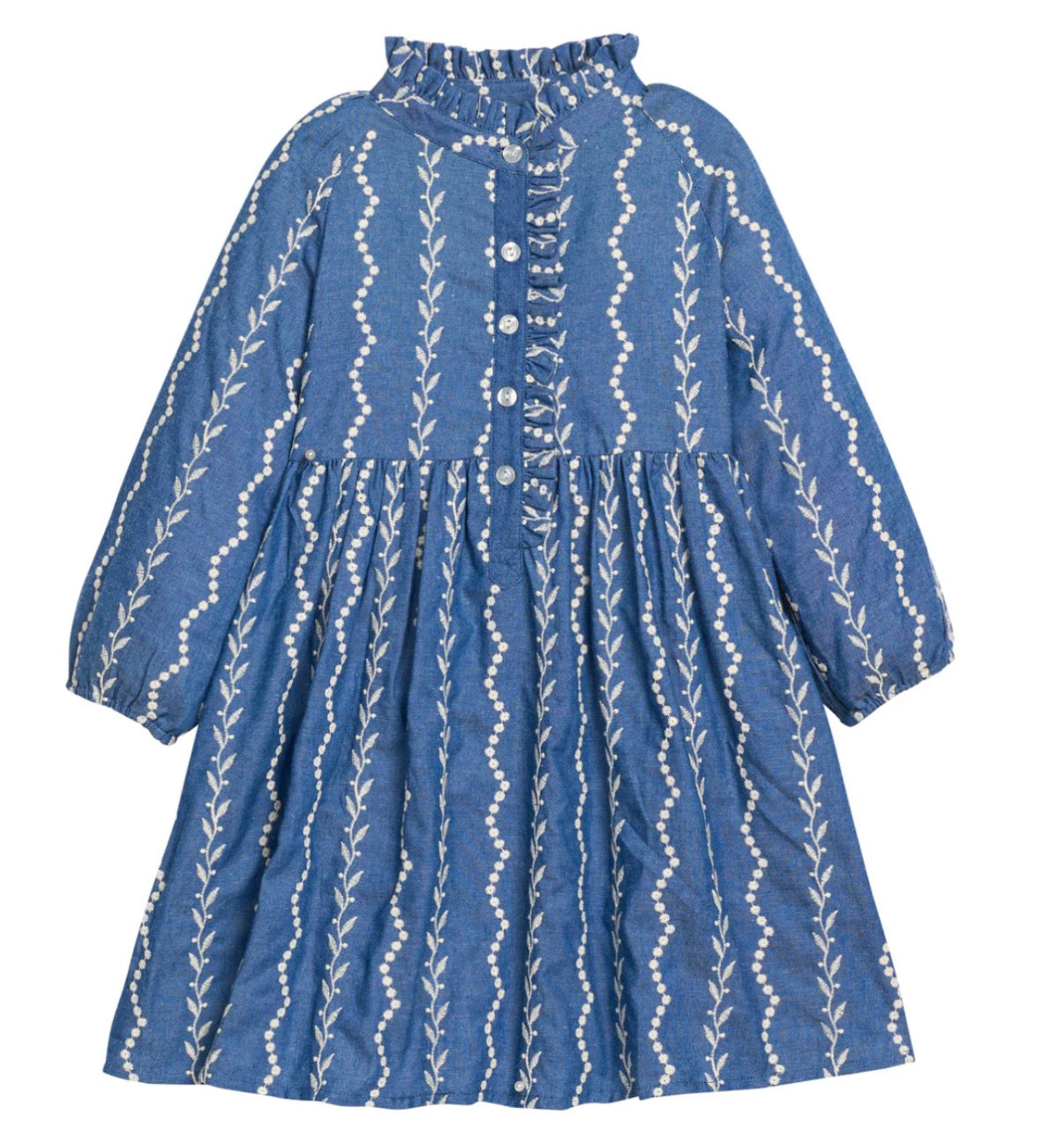 A blue long-sleeve dress for toddlers or girls, featuring a white leaf pattern printed vertically down the front and sleeves, with a button-up front and a ruffled high collar.