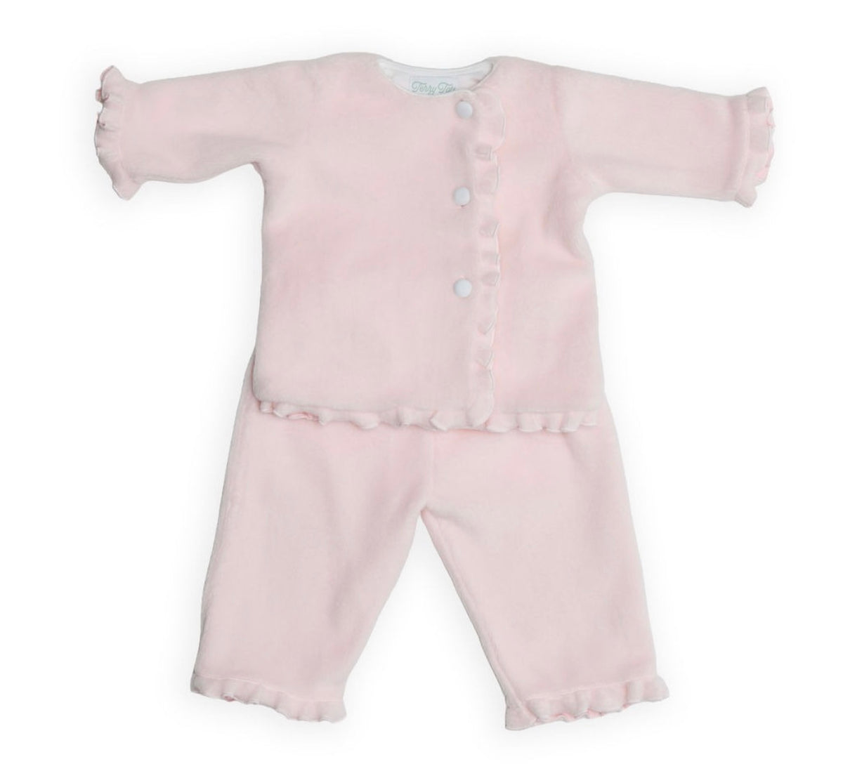 A light pink baby romper set with a long-sleeve cardigan top and matching pants, featuring ruffled cuffs, a ruffled hem, and snap-button front closure.