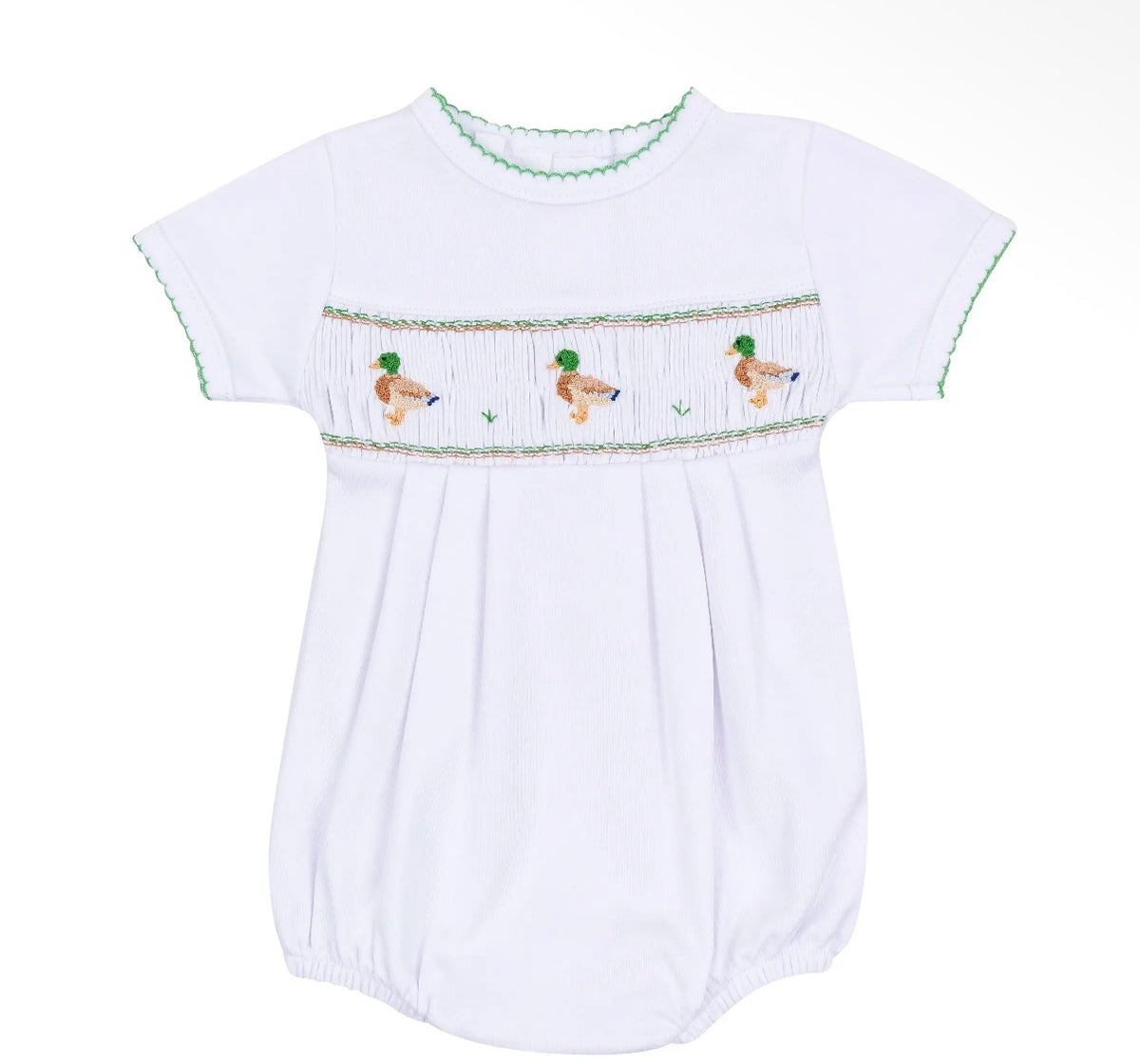 A white short-sleeve baby smocked bodysuit featuring a decorative horizontal band with three embroidered ducks and green trim along the collar and sleeve edges, shown against a plain white background.