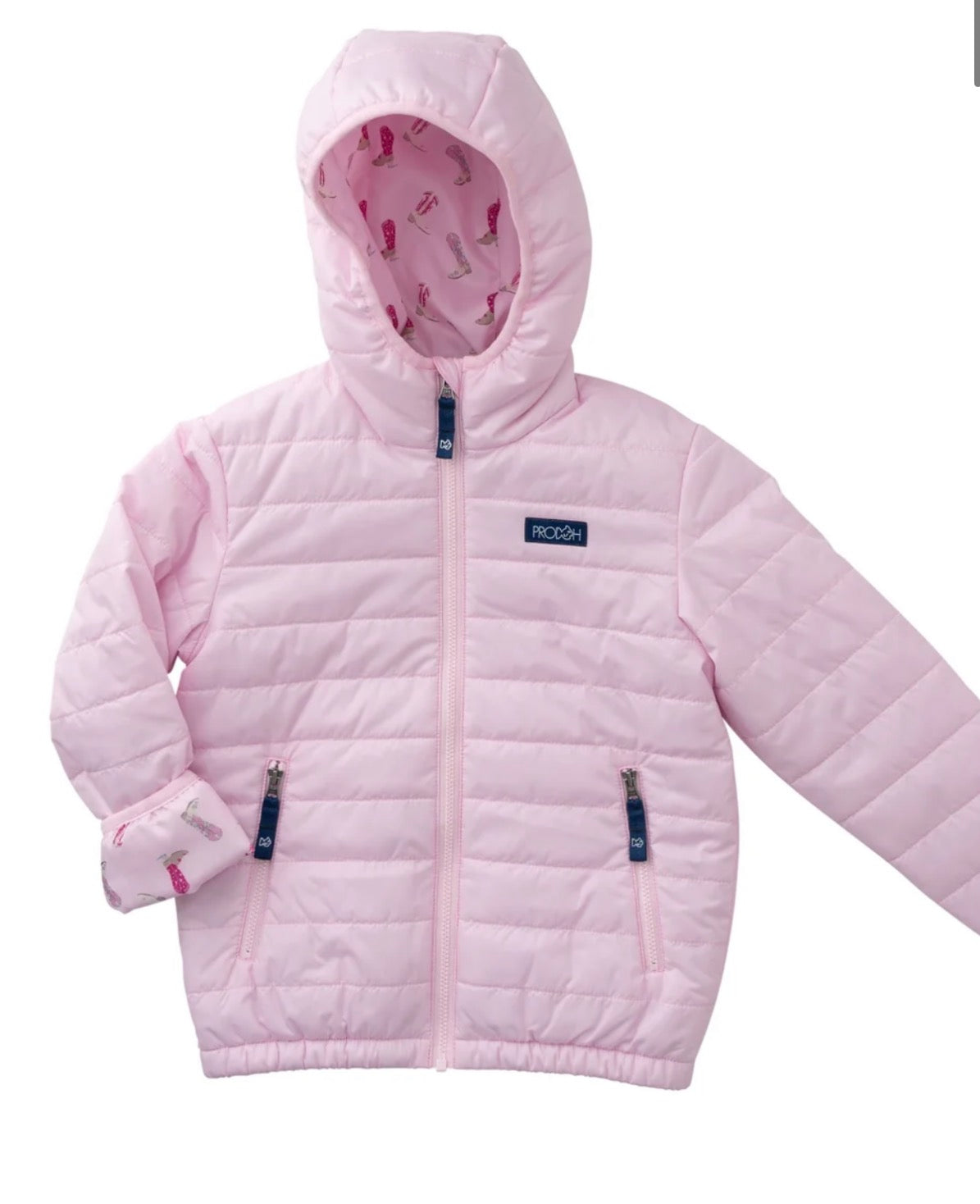 A light pink hooded puffer jacket with a front zipper, zippered hand pockets, and a small dark blue Patagonia logo patch on the left chest, shown on a plain white background.