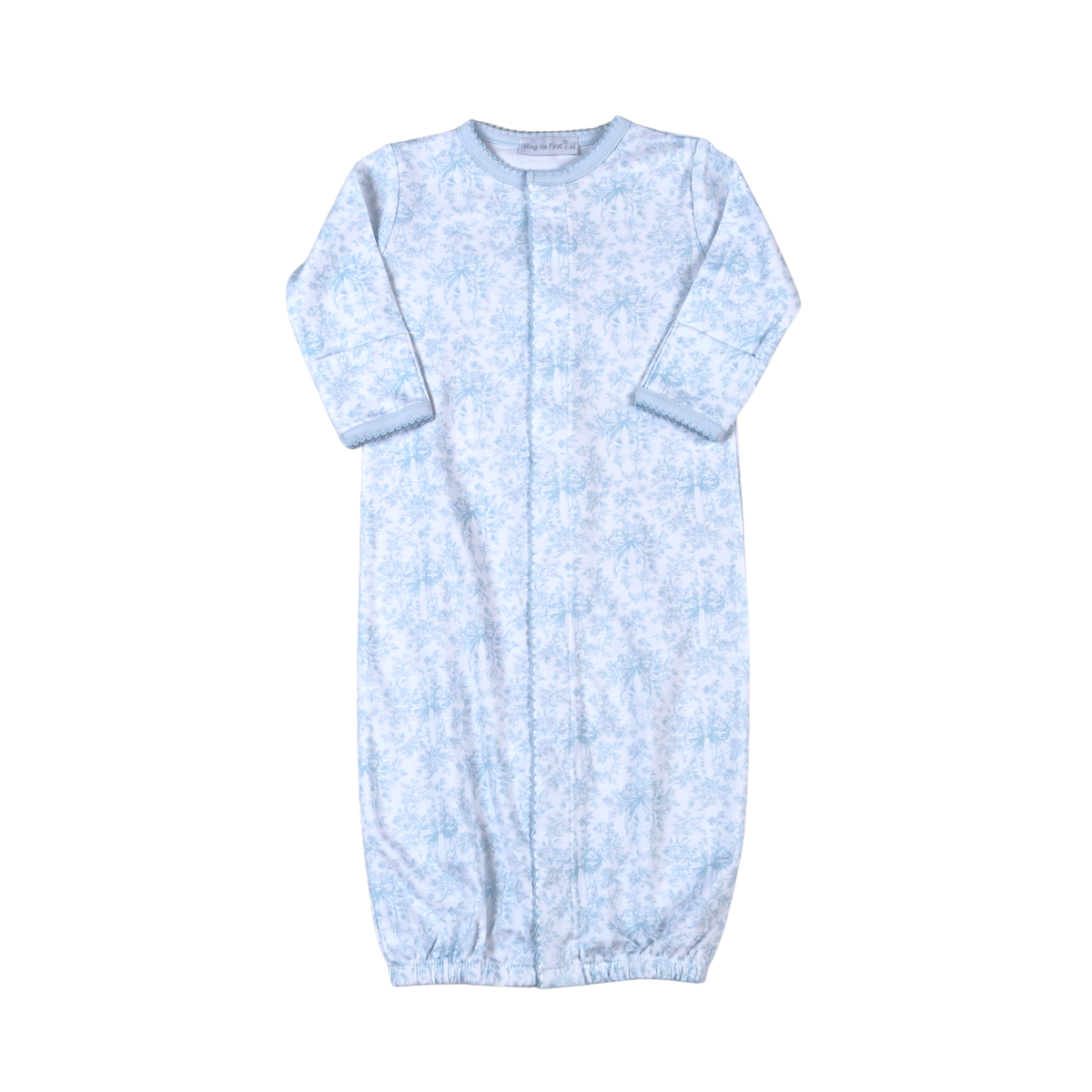 Infant gown with allover blue toile pattern, lap shoulder and long sleeves with blue trim.