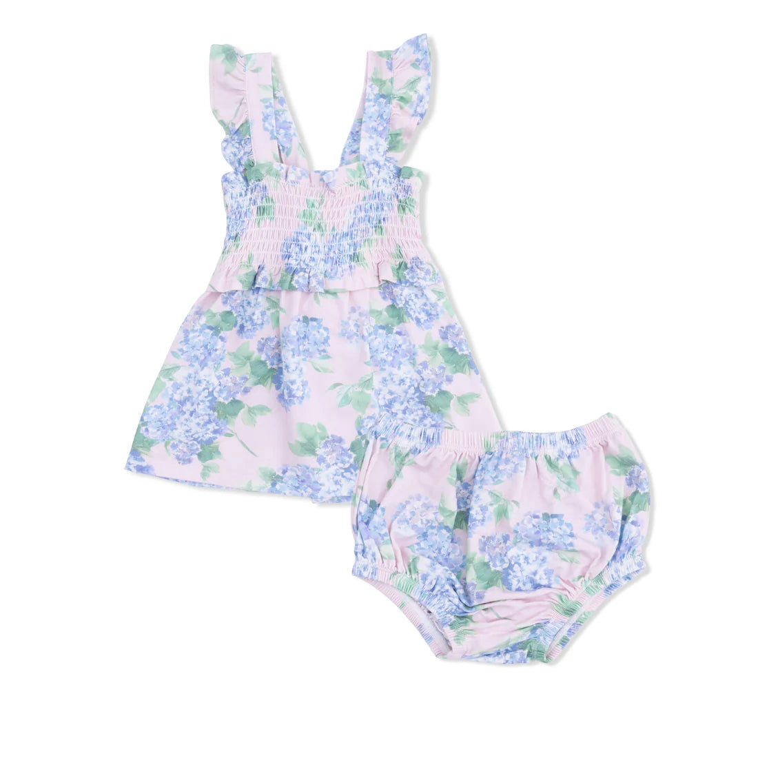 Smocked pale pink top with ruffle sleeve and hydrangea pattern with matching bloomers.