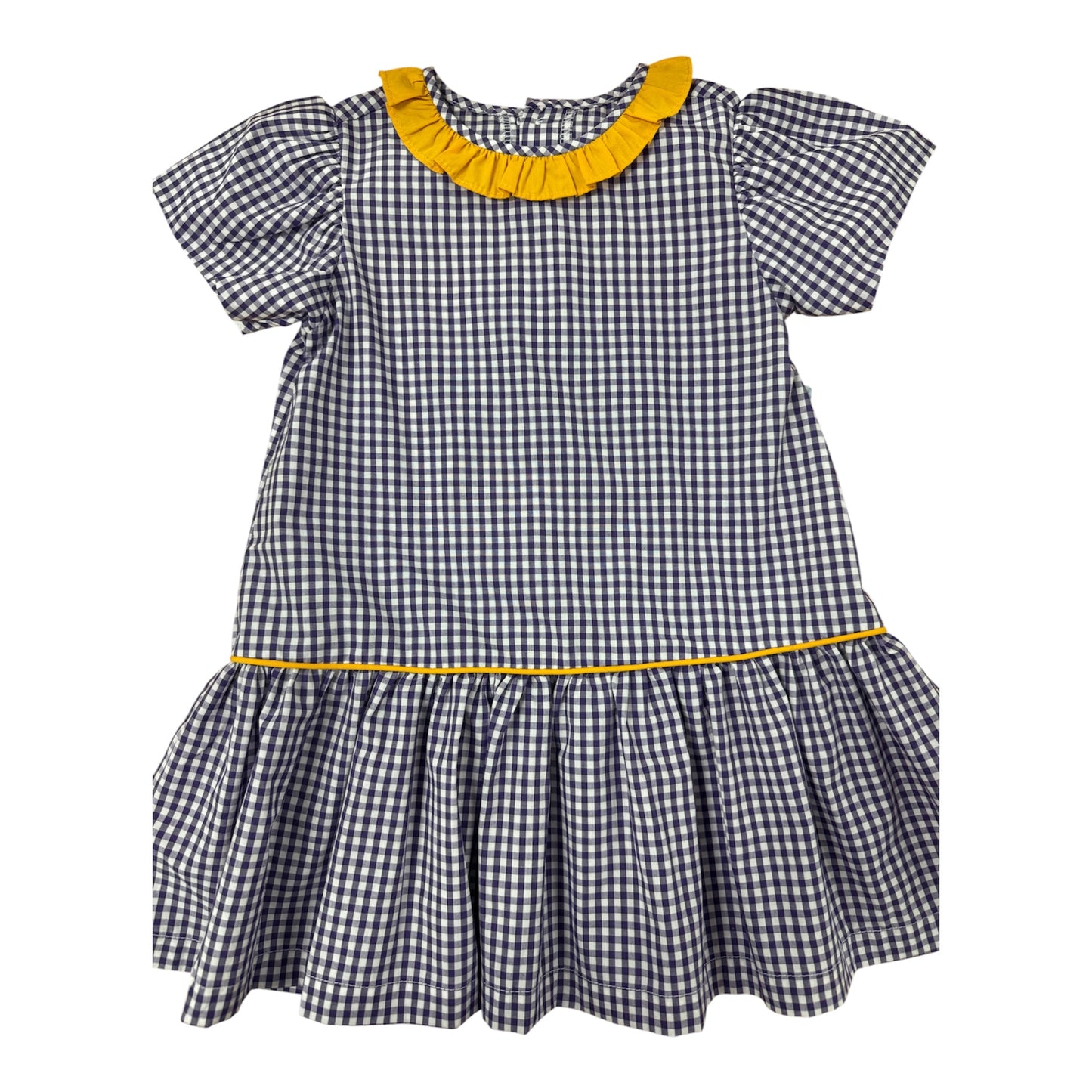 Purple check dress with gold ruffle collar