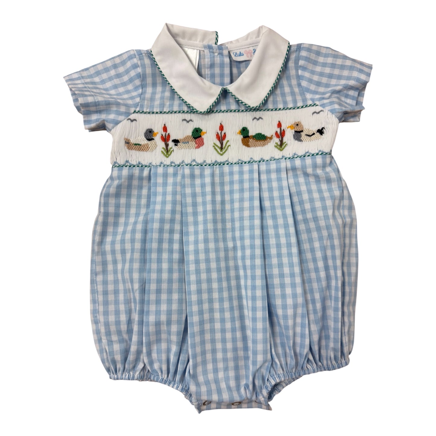 Blue and white checkered smocked mallard bubble