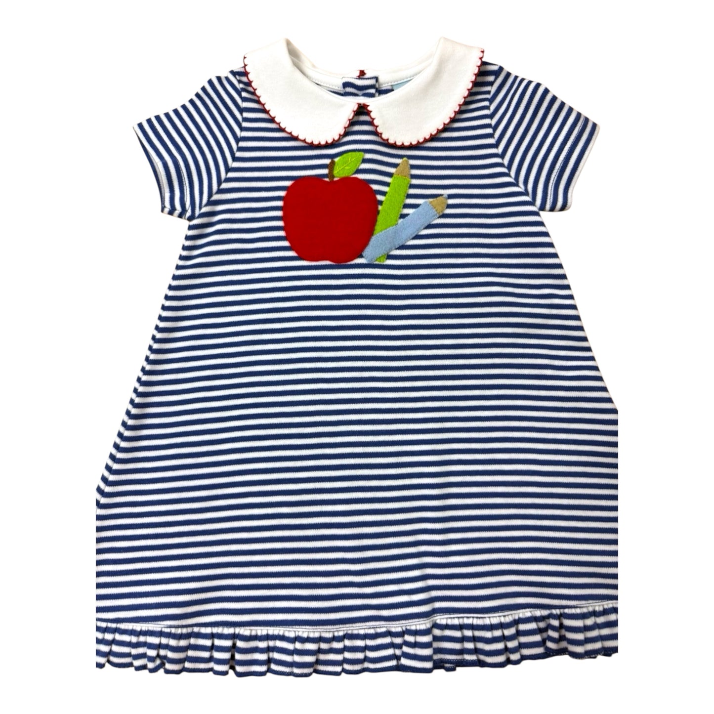 Navy and white striped dress with red apple and green book design on a white background