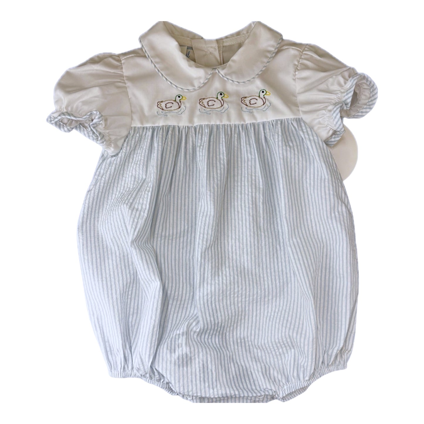 Blue and white striped bubble with embroidered ducks on top with ruffle sleeves
