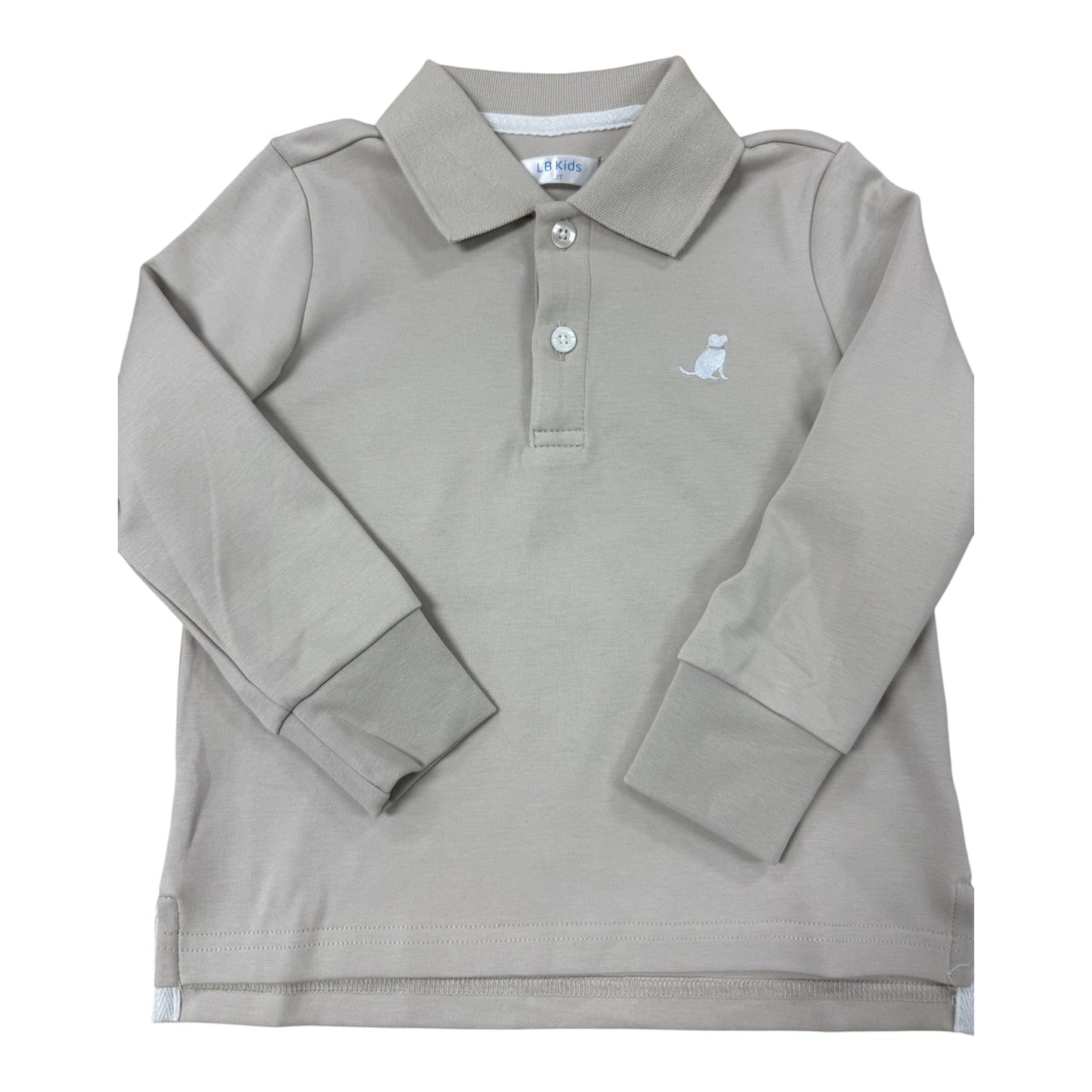 A light stone long-sleeve polo shirt for a child, featuring a classic collar, two-button placket, and a small white embroidered cat logo on the left chest, displayed against a solid white background.