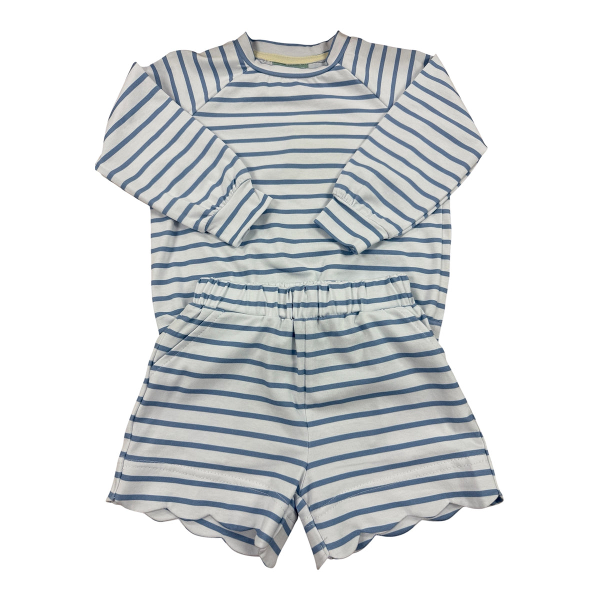 A two-piece children's loungewear set featuring a long-sleeve top and matching shorts, both with horizontal blue and white stripes and scalloped edges, laid flat on a white background.