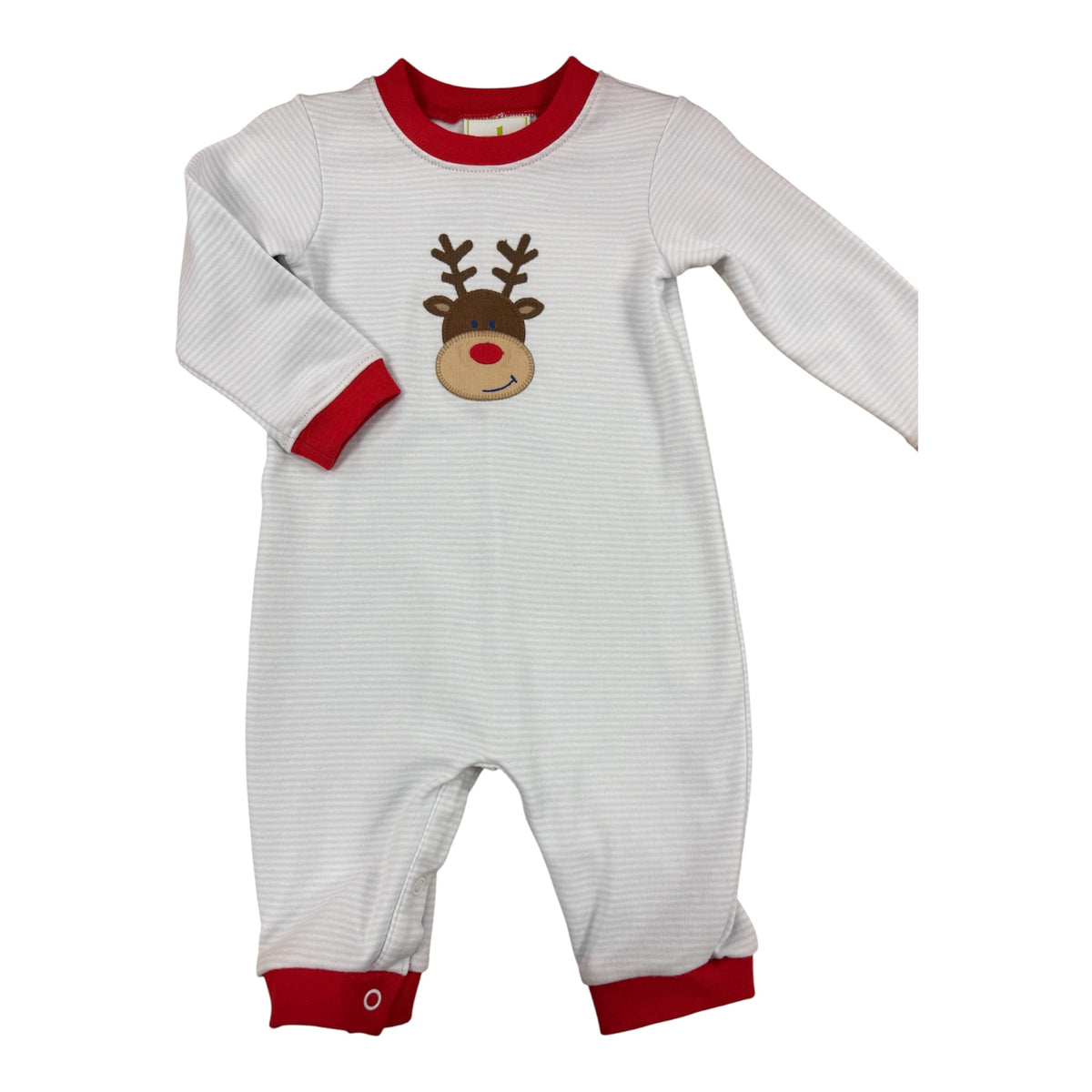 A baby's long-sleeve footless onesie in white and light blue stripes, featuring a brown reindeer face with a red nose on the chest, red collar and cuff trim, and red button closures at the ankles.