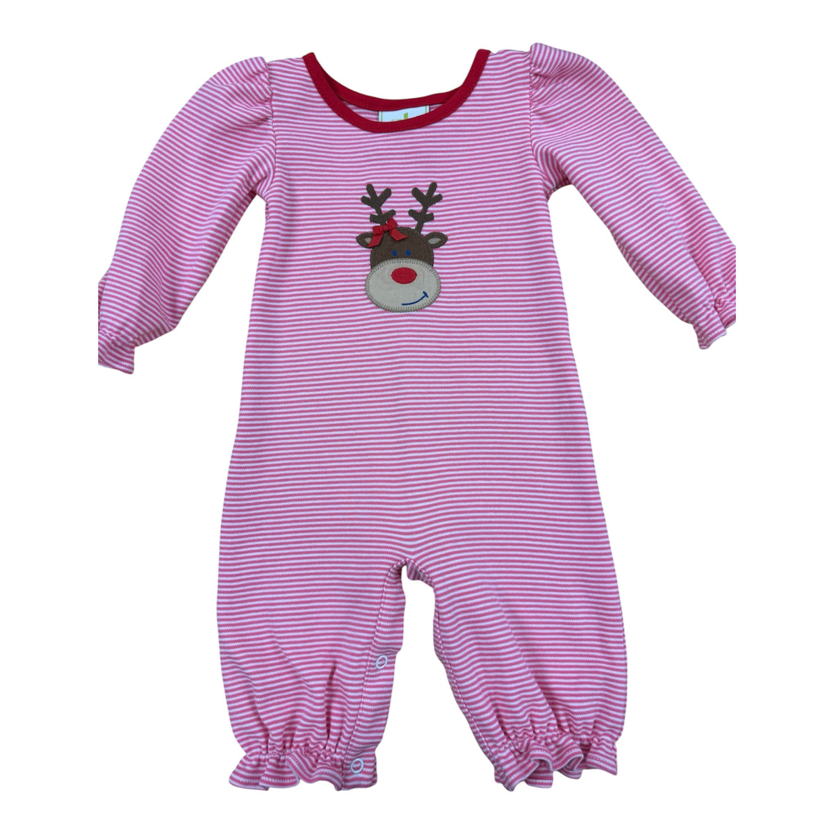 A baby long-sleeve footless romper with pink and white horizontal stripes, featuring a red crew neck and a festive reindeer face graphic on the chest.