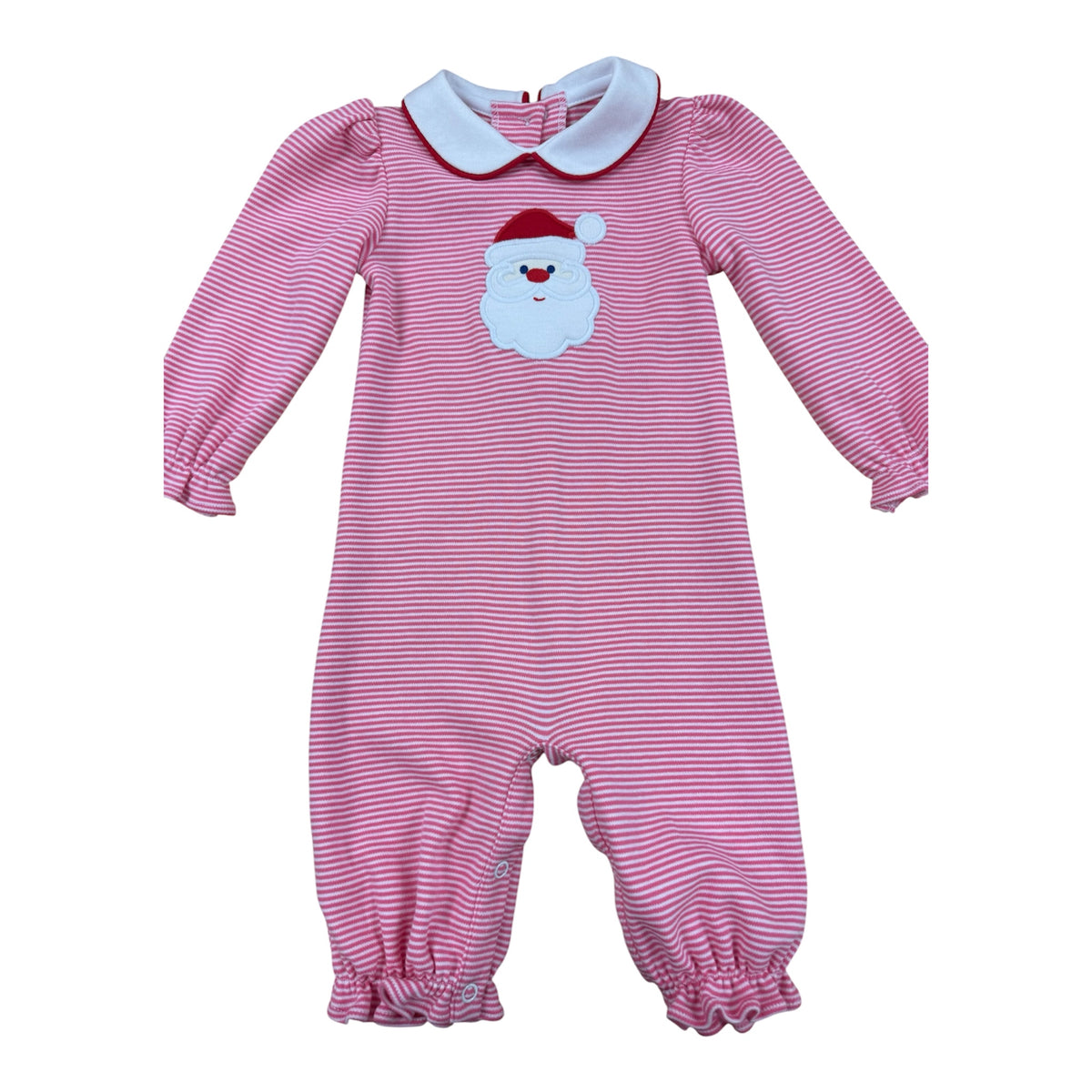 Pink and white striped romper with white collar and Santa applique on chest