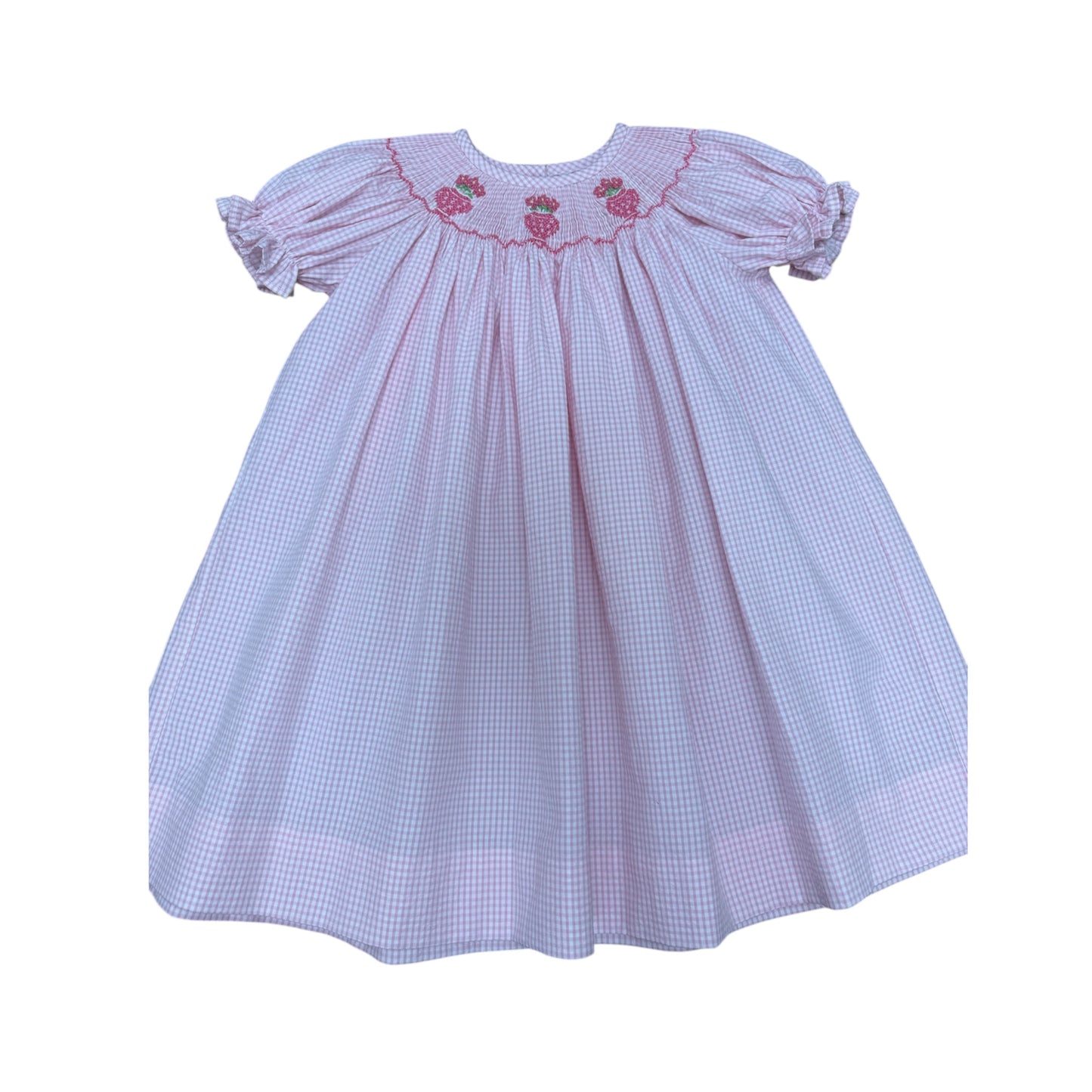 Children's smocked dress with pink check pattern and pink ginger jar embroidery on it.