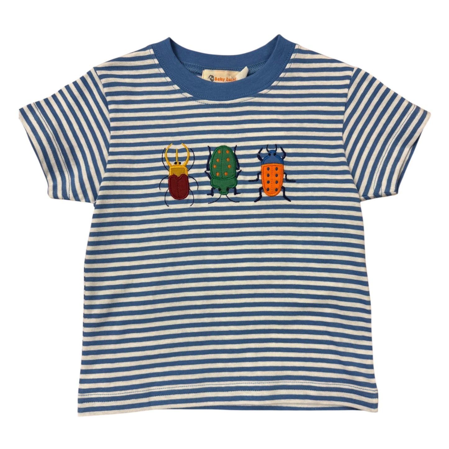 Blue and white striped t-shirt with colorful beetle designs on a white background