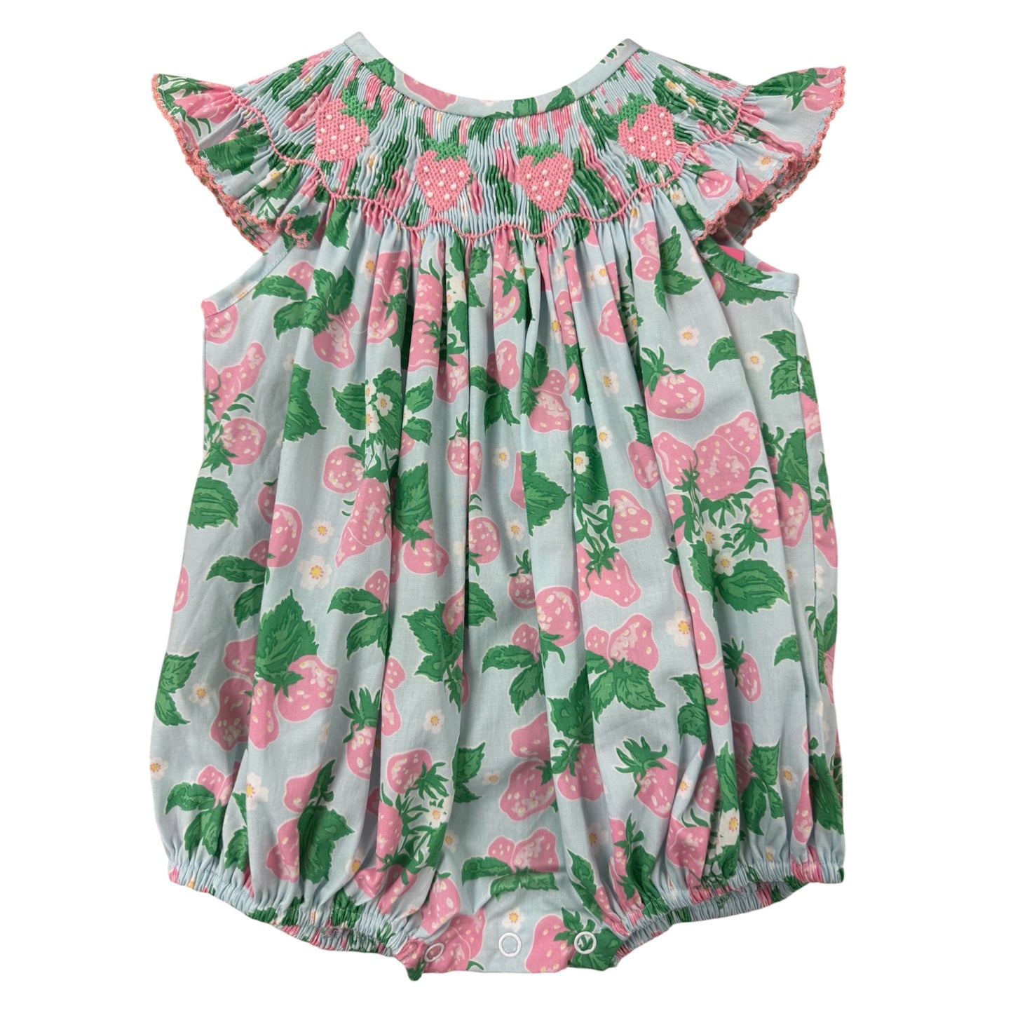 Floral baby romper with pink and green strawberry pattern with a smocked neckline with pink strawberries.