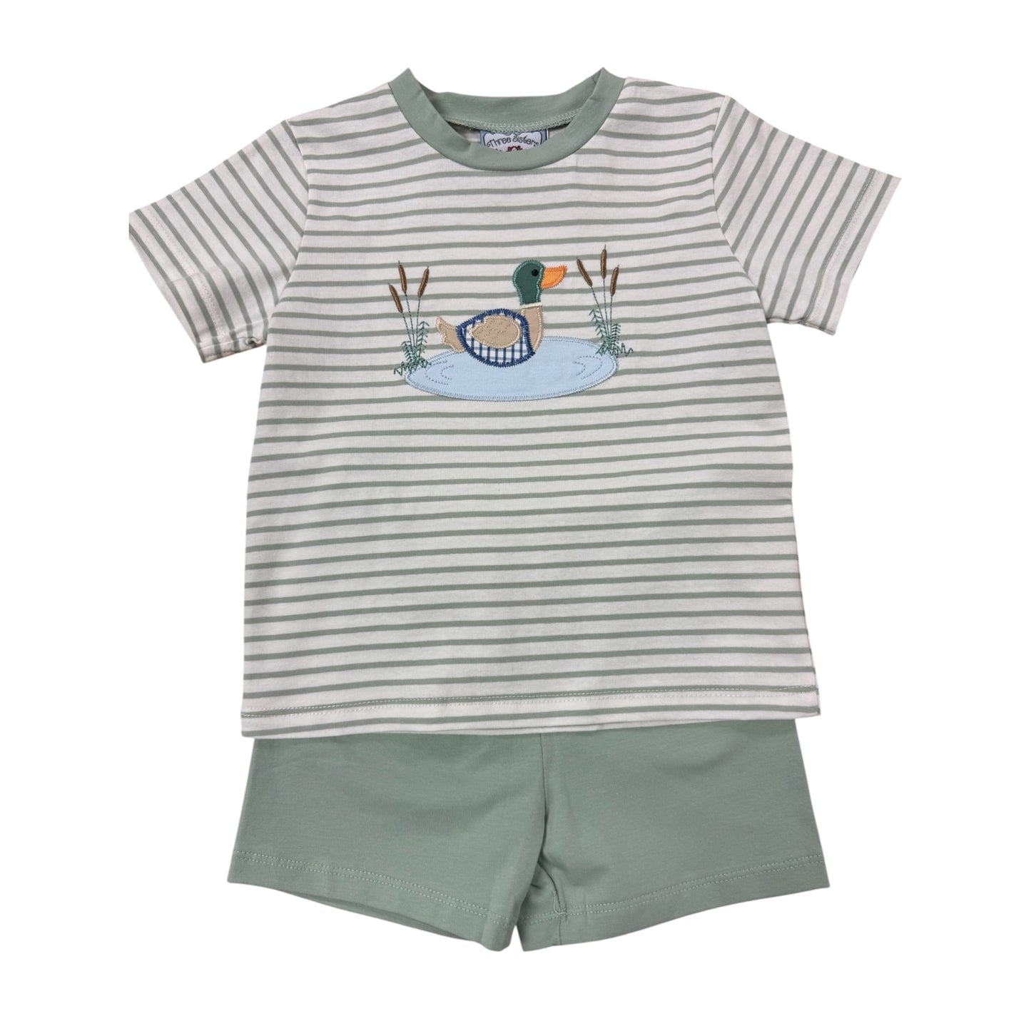 Striped t-shirt with duck applique design and green shorts