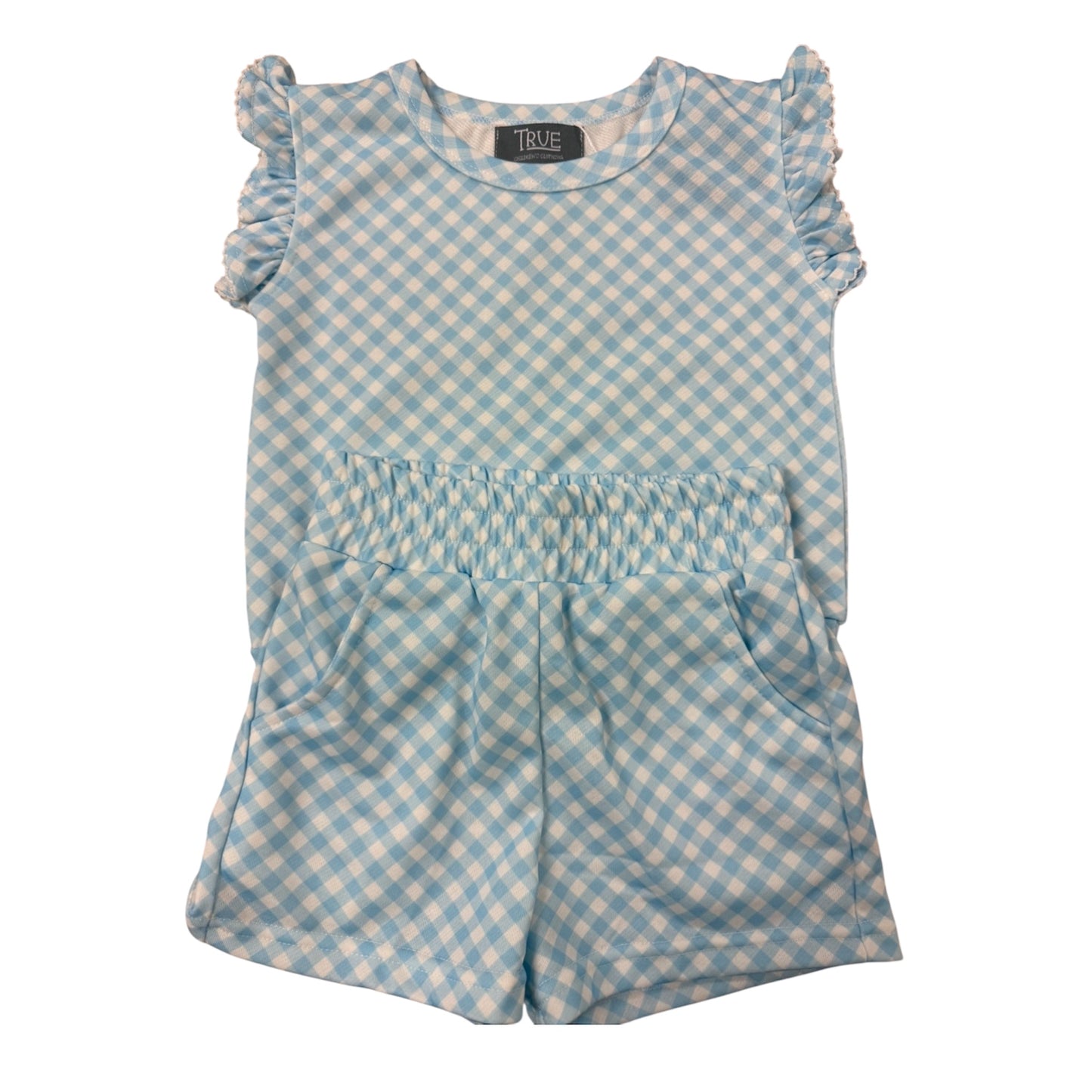 Blue and white checkered romper with ruffled sleeves