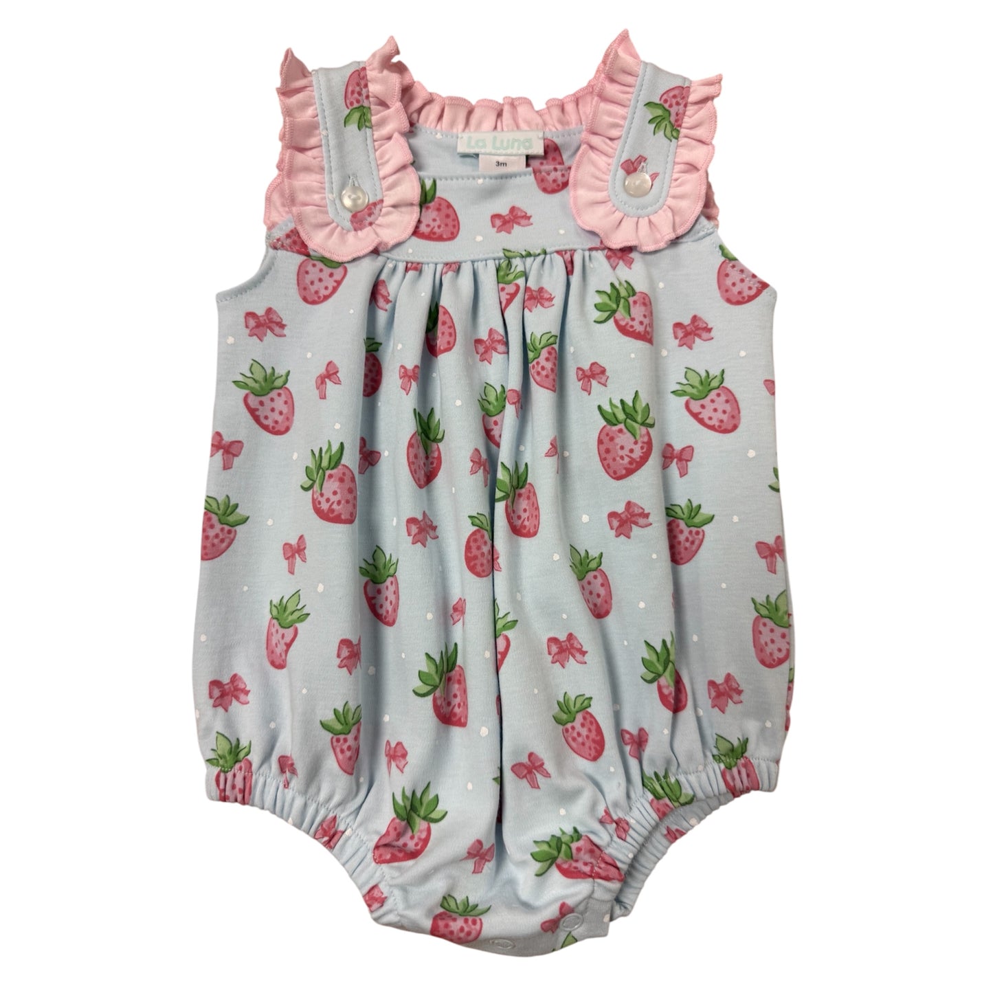 Baby bubble with strawberry and bow pattern with pink trim