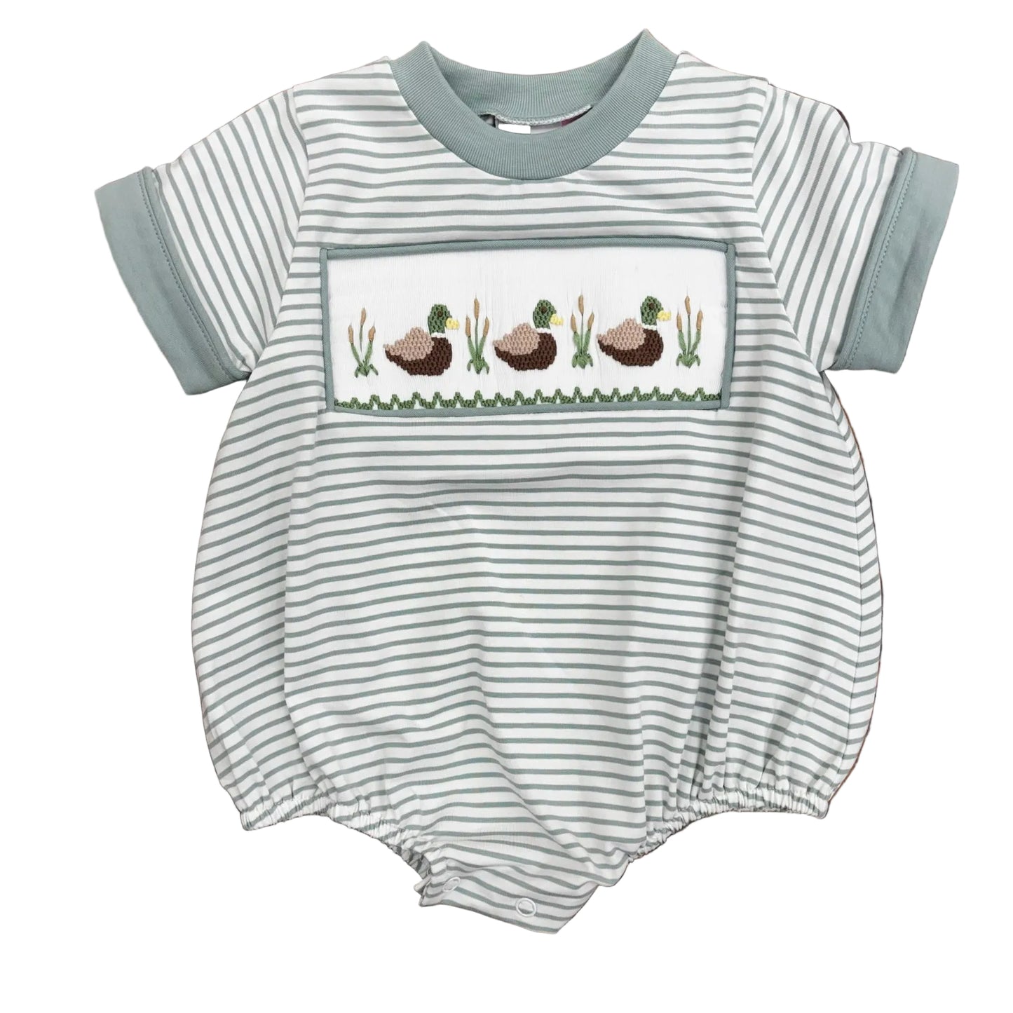 Pale green and white striped bubble with smocked and embroidered mallard design.