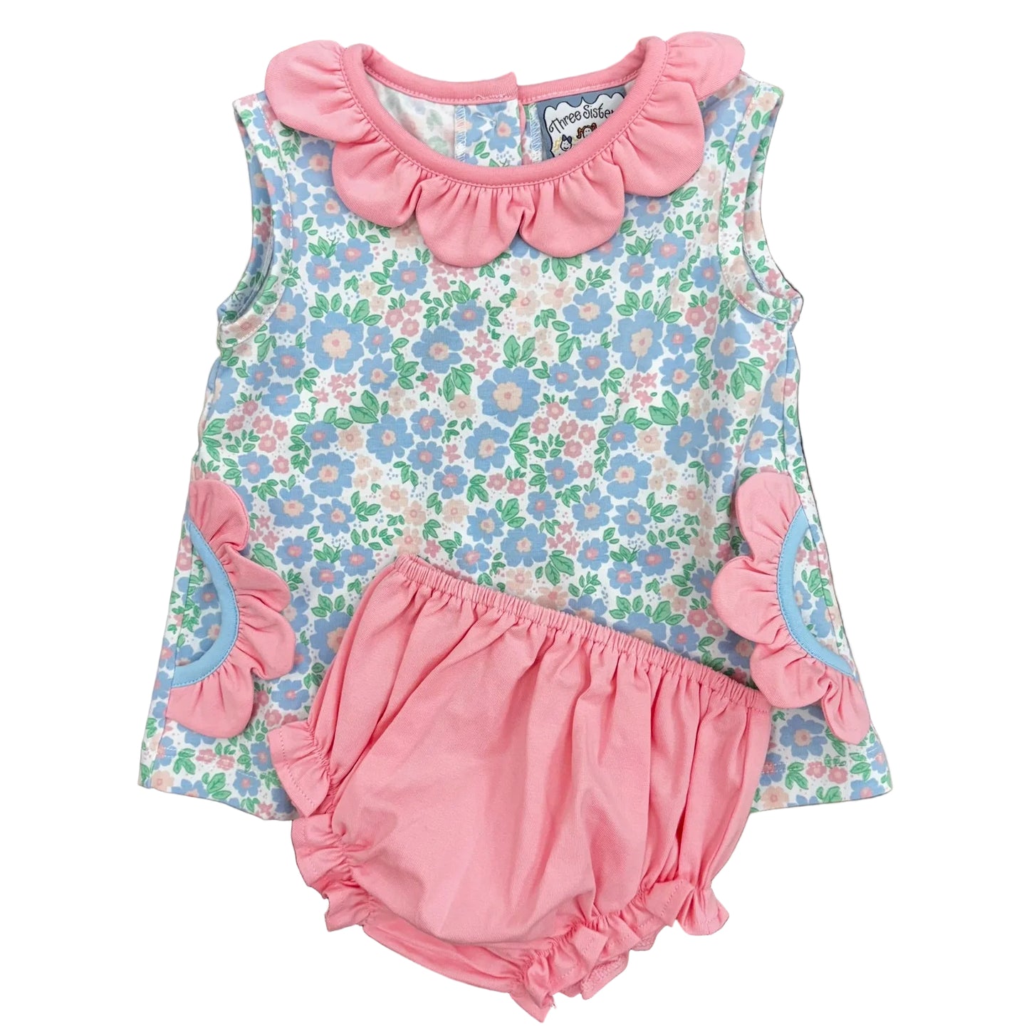 Blue and pink floral dress/top with pink scalloped trim on the collar and sides (happy daisy!) and matching pink bloomers.