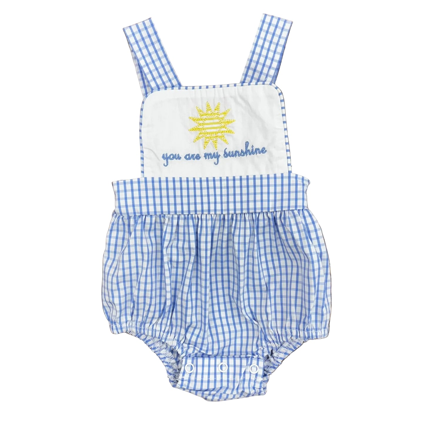 Blue checked bubble with a sun + "you are my sunshine" embroidered on the bib.