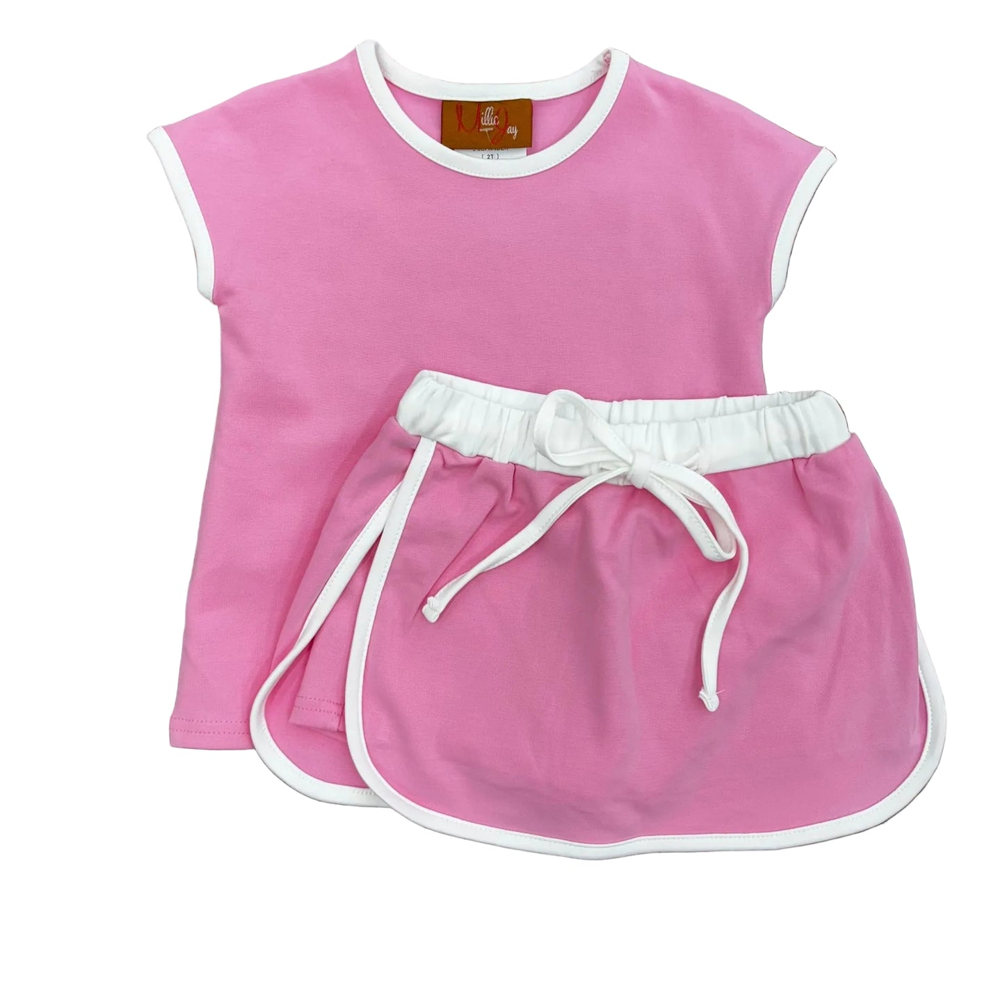 Bright pink top and skort with white trim.