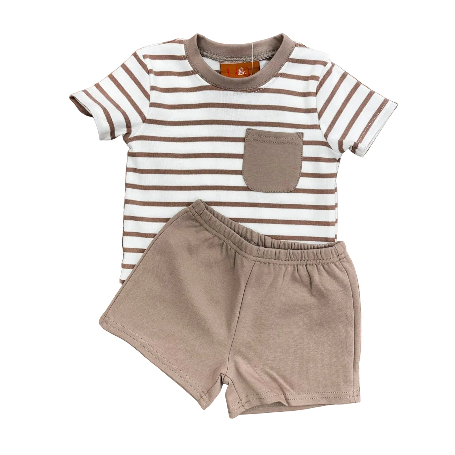 Mocha striped short sleeve top with a pocket and matching mocha shorts.