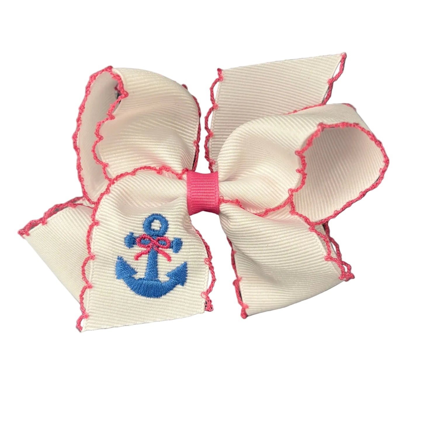 White grosgrain bow with a bright pink moonstitch edge and a blue embroidered anchor.